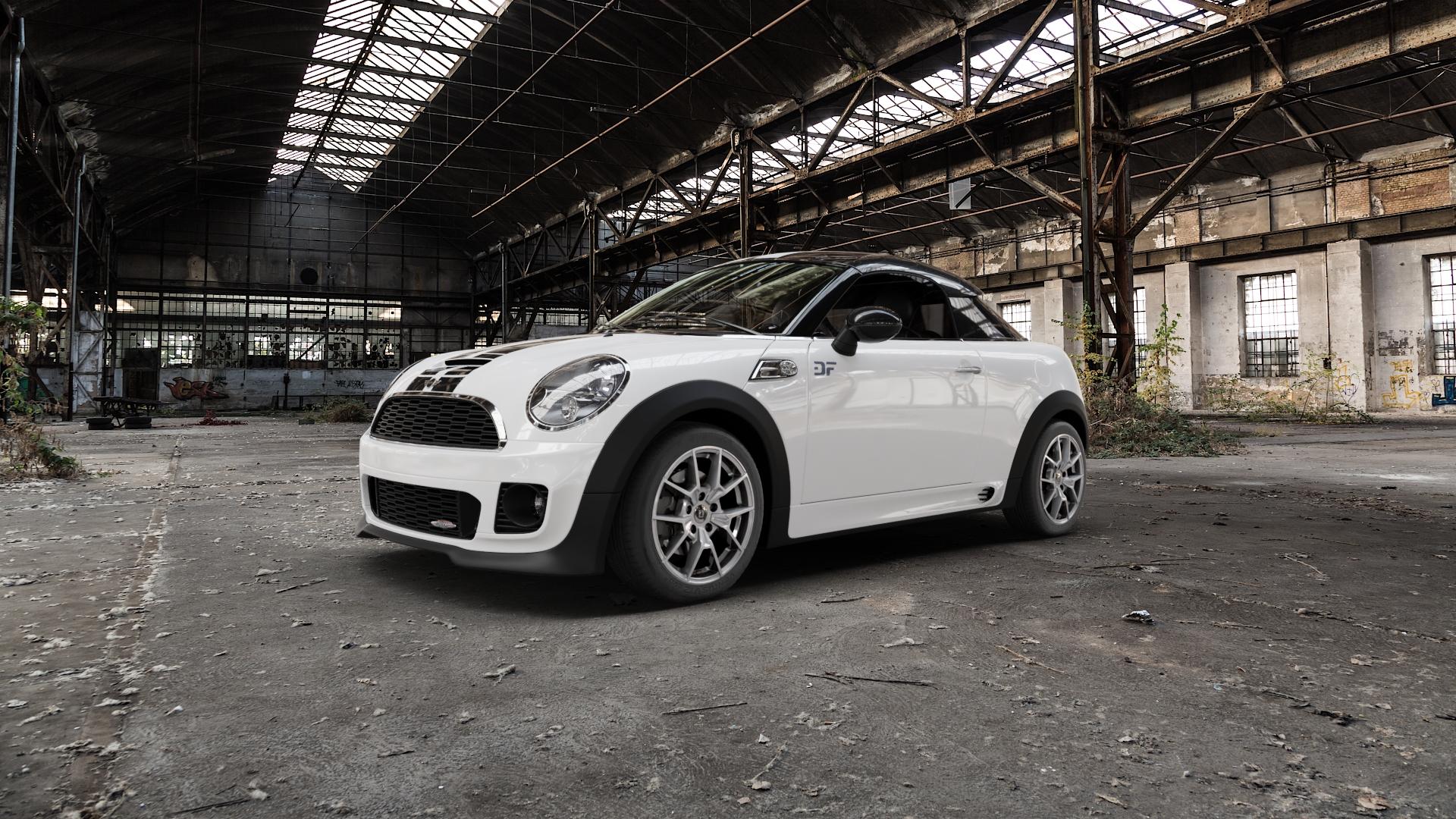 DIEWE WHEELS NEVE Silver Felge mit Reifen silber in 16Zoll Winterfelge Alufelge auf weissem Mini R58 Typ UKL-C (Coupe) 1,6l Cooper 90kW (122 PS) S 135kW (184 2,0l SD 105kW (143 JCW 155kW (211 ⬇️ mit 15mm Tieferlegung ⬇️ Old Industrial Hall_max5000mm_2022 Frontansicht_1