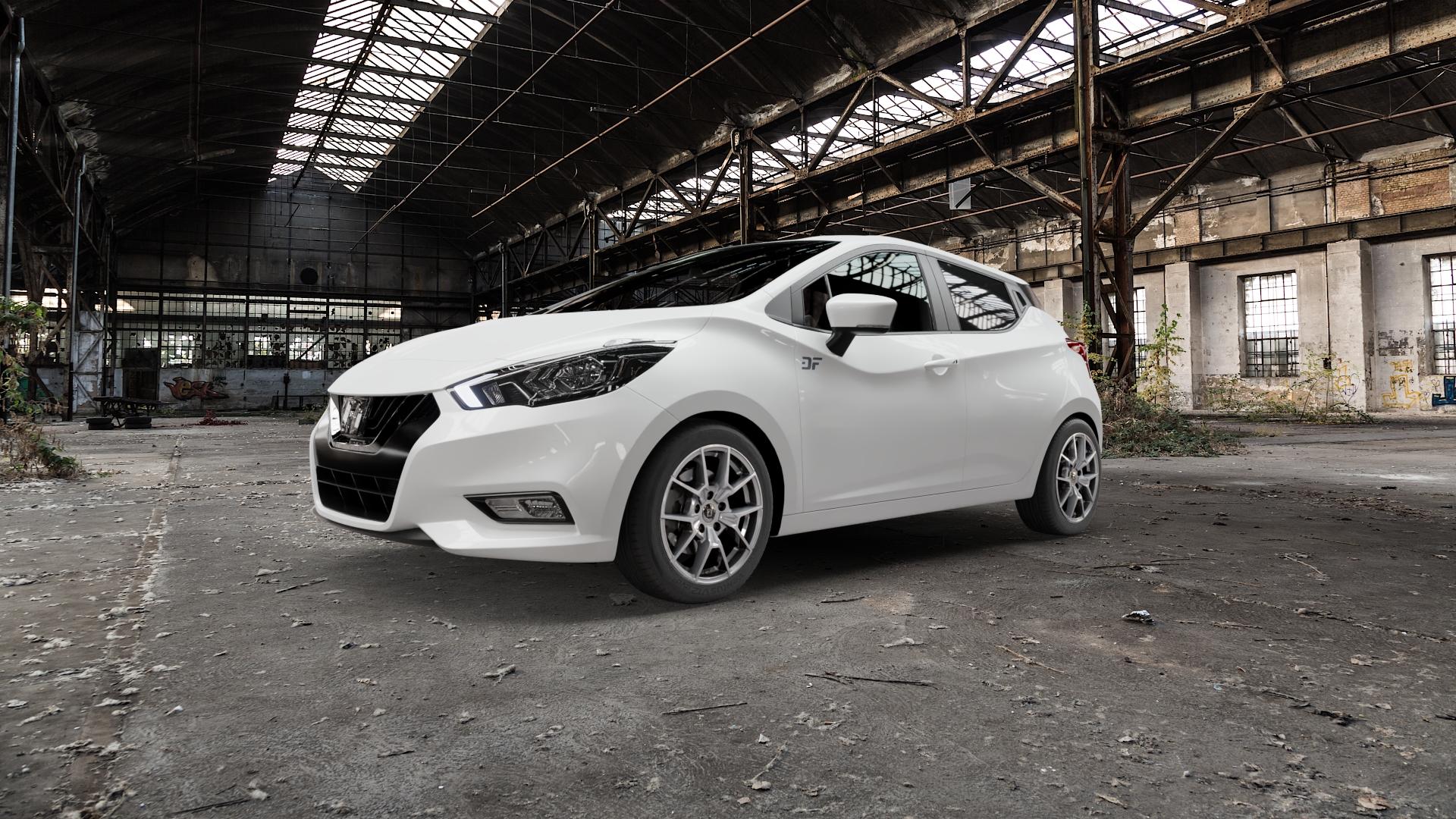 DIEWE WHEELS NEVE Silver Felge mit Reifen silber in 16Zoll Winterfelge Alufelge auf weissem Nissan Micra Typ K14 ⬇️ mit 15mm Tieferlegung ⬇️ Old Industrial Hall_max5000mm_2022 Frontansicht_1