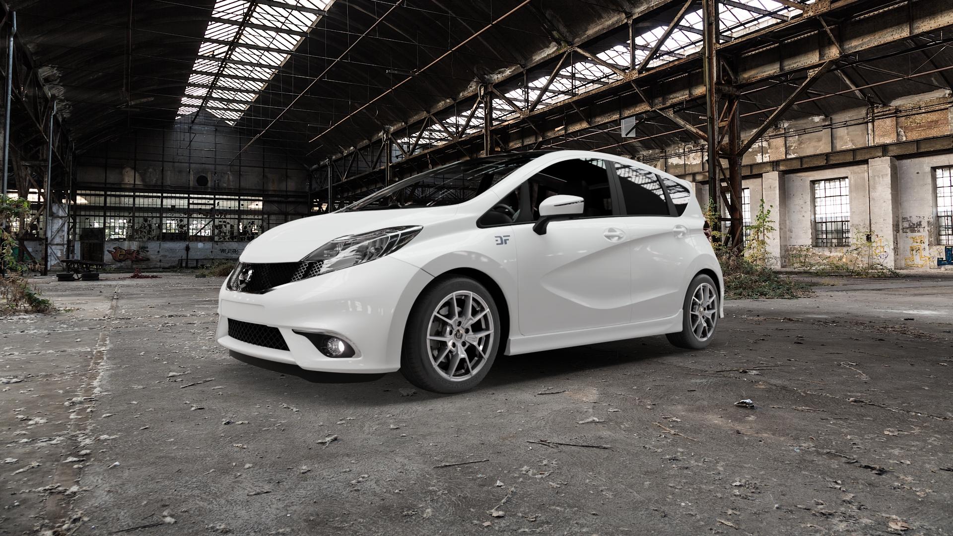 DIEWE WHEELS NEVE Silver Felge mit Reifen silber in 16Zoll Winterfelge Alufelge auf weissem Nissan Note Typ E12 ⬇️ mit 15mm Tieferlegung ⬇️ Old Industrial Hall_max5000mm_2022 Frontansicht_1