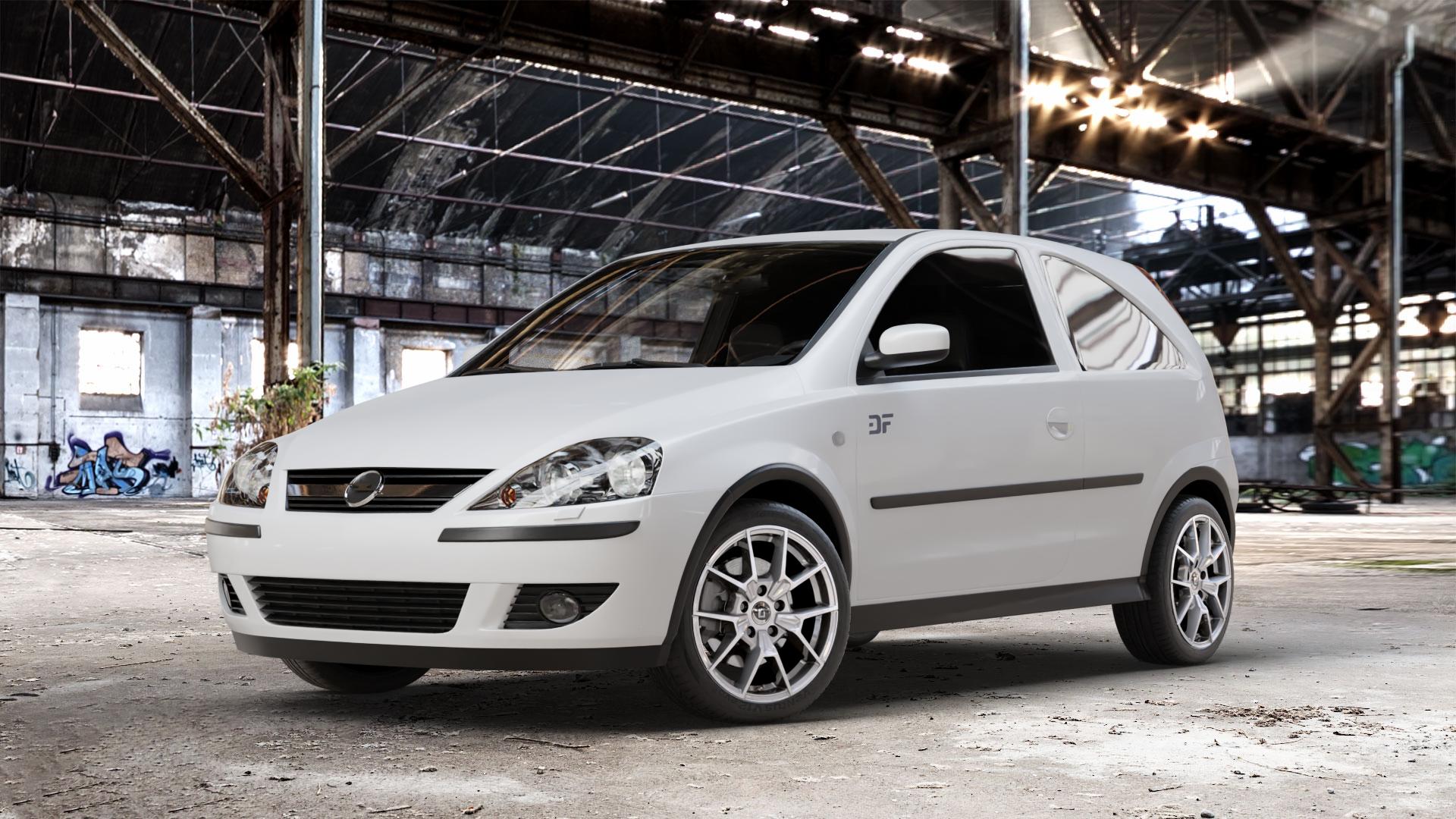 DIEWE WHEELS NEVE Silver Felge mit Reifen silber in 16Zoll Winterfelge Alufelge auf weissem Opel Corsa C Typ CORSA-C ⬇️ mit 15mm Tieferlegung ⬇️ Old Industrial Hall_max_4400mm_2024 Frontansicht_1