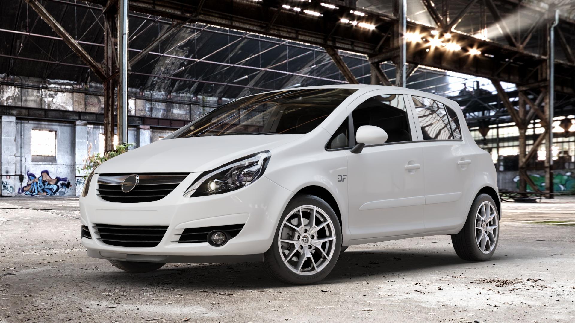 DIEWE WHEELS NEVE Silver Felge mit Reifen silber in 16Zoll Winterfelge Alufelge auf weissem Opel Corsa D Typ S-D ⬇️ mit 15mm Tieferlegung ⬇️ Old Industrial Hall_max_4400mm_2024 Frontansicht_1