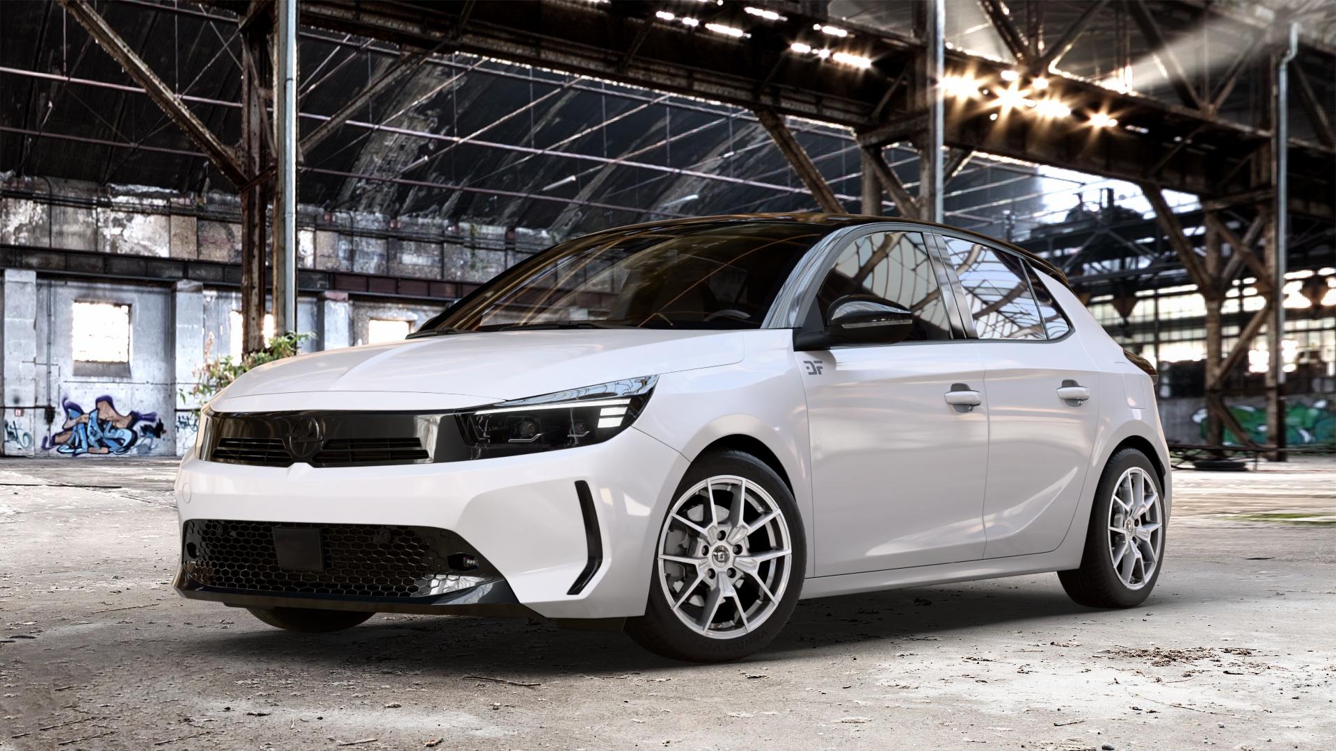 DIEWE WHEELS NEVE Silver Felge mit Reifen silber in 16Zoll Winterfelge Alufelge auf weissem Opel Corsa F Typ U Facelift 0,0l 57kW Corsa-e (77 PS) 62kW (84 1,2l Turbo 74kW Mild-Hybrid (101 100kW (136 ⬇️ mit 15mm Tieferlegung ⬇️ Old Industrial Hall_max_4400mm_2024 Frontansicht_1