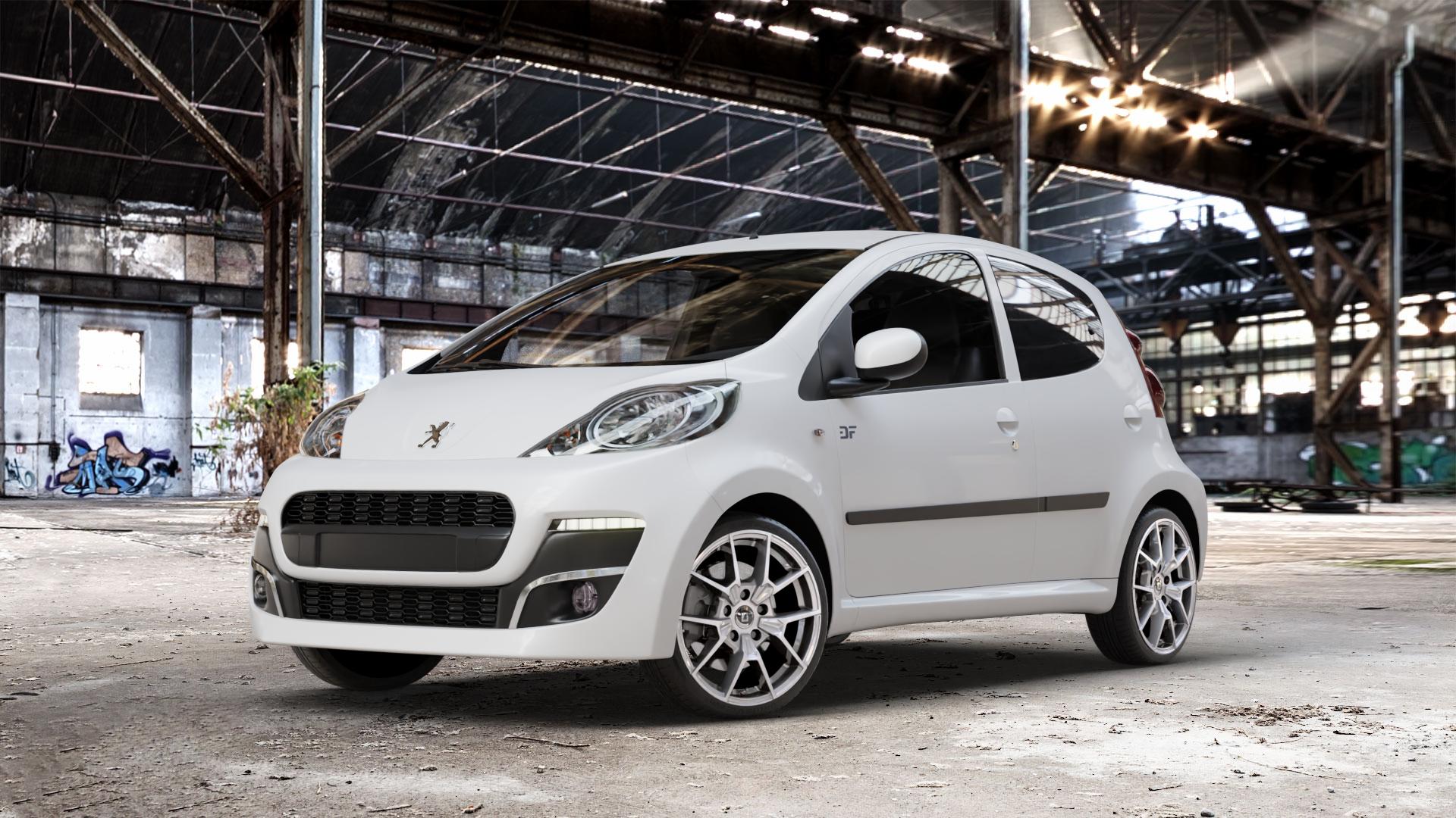 DIEWE WHEELS NEVE Silver Felge mit Reifen silber in 16Zoll Winterfelge Alufelge auf weissem Peugeot 107 ⬇️ mit 15mm Tieferlegung ⬇️ Old Industrial Hall_max_4400mm_2024 Frontansicht_1