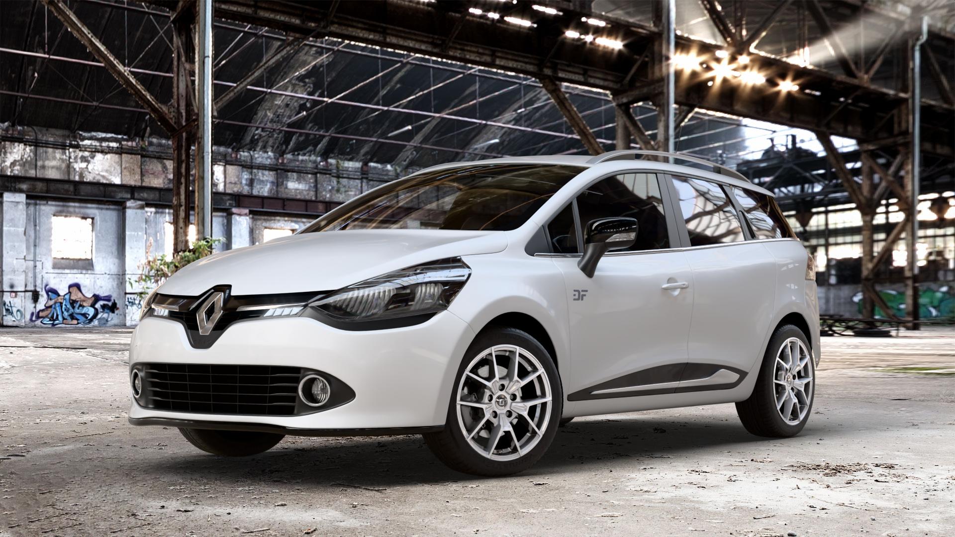 DIEWE WHEELS NEVE Silver Felge mit Reifen silber in 16Zoll Winterfelge Alufelge auf weissem Renault Clio IV Grandtour Typ R ⬇️ mit 15mm Tieferlegung ⬇️ Old Industrial Hall_max_4400mm_2024 Frontansicht_1