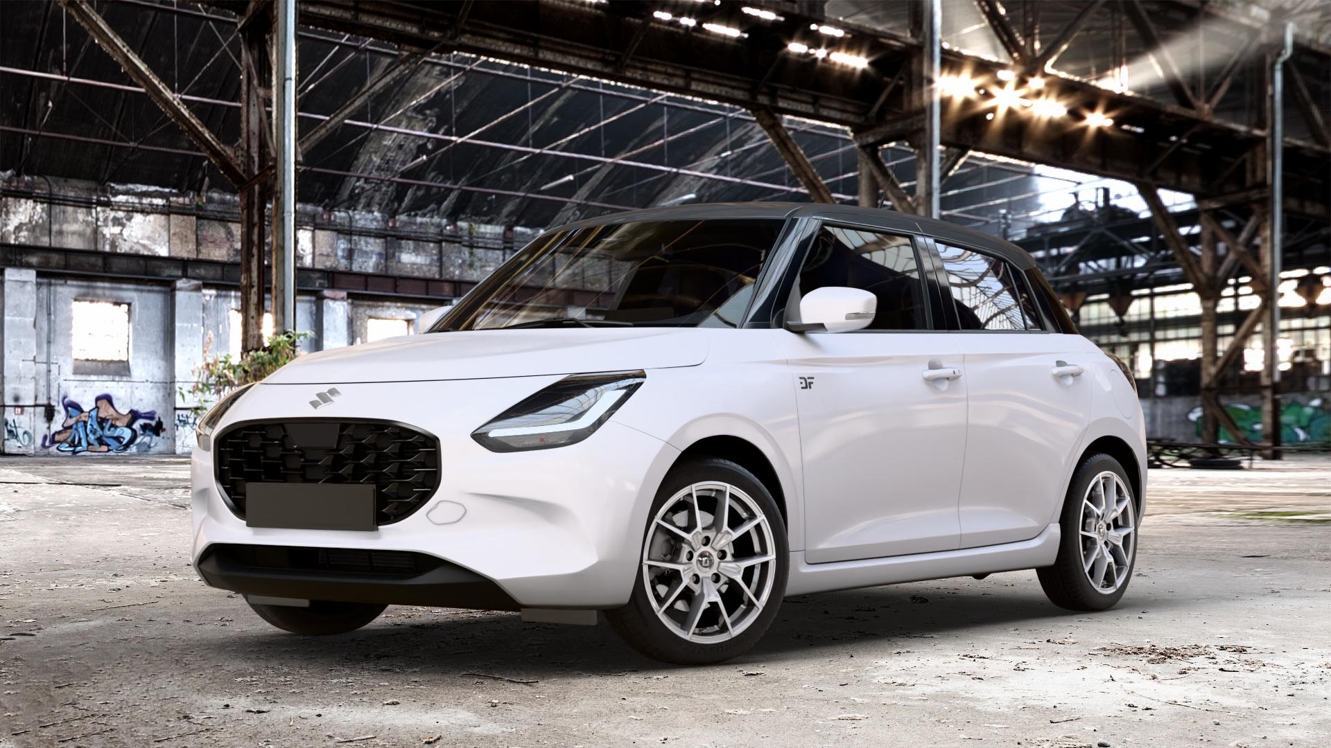 DIEWE WHEELS NEVE Silver Felge mit Reifen silber in 16Zoll Winterfelge Alufelge auf weissem Suzuki Swift VII Typ UZ 1,2l 61kW Mild-Hybrid (83 PS) AWD ⬇️ mit 15mm Tieferlegung ⬇️ Old Industrial Hall_max_4400mm_2024 Frontansicht_1