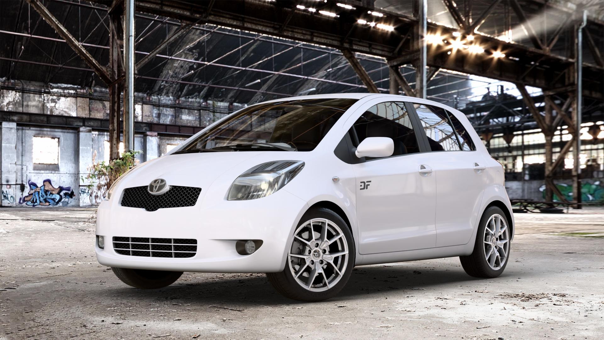 DIEWE WHEELS NEVE Silver Felge mit Reifen silber in 16Zoll Winterfelge Alufelge auf weissem Toyota Yaris II Typ XP9F ⬇️ mit 15mm Tieferlegung ⬇️ Old Industrial Hall_max_4400mm_2024 Frontansicht_1