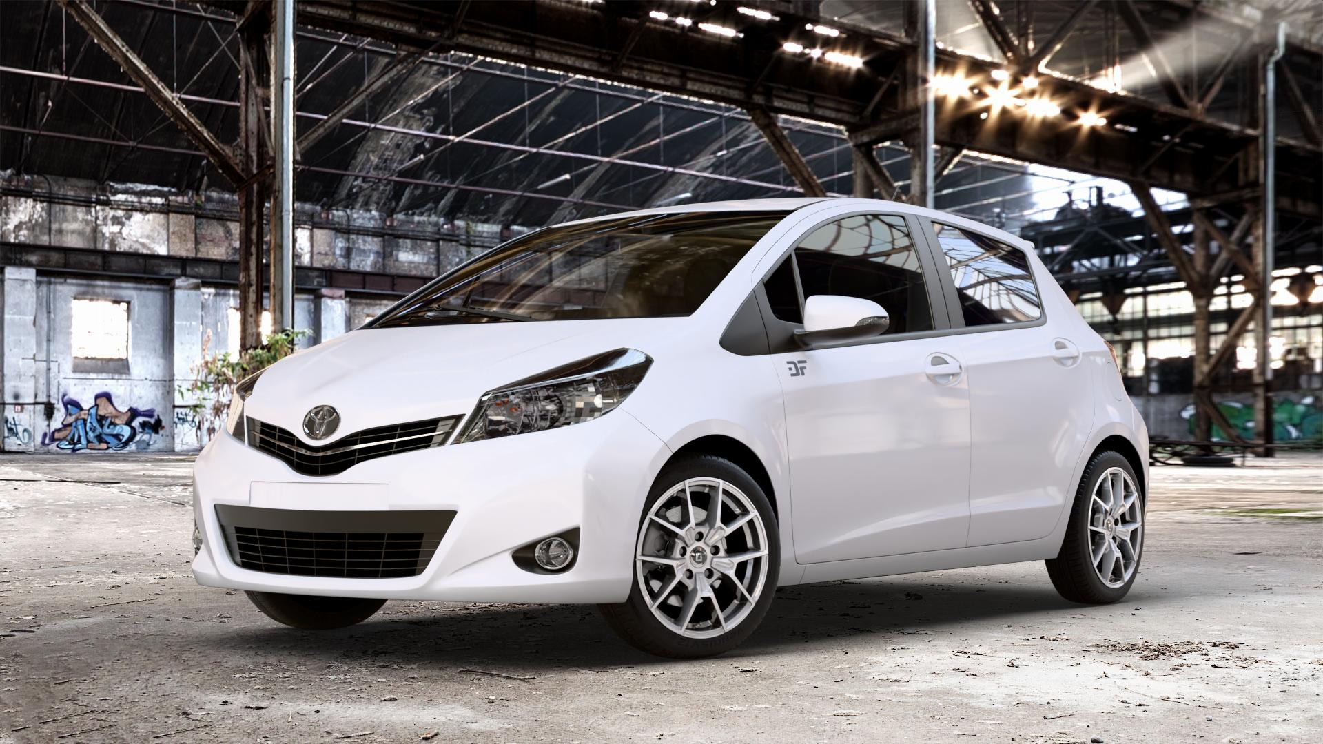DIEWE WHEELS NEVE Silver Felge mit Reifen silber in 16Zoll Winterfelge Alufelge auf weissem Toyota Yaris III Typ XP13 Facelift 17-> ⬇️ mit 15mm Tieferlegung ⬇️ Old Industrial Hall_max_4400mm_2024 Frontansicht_1