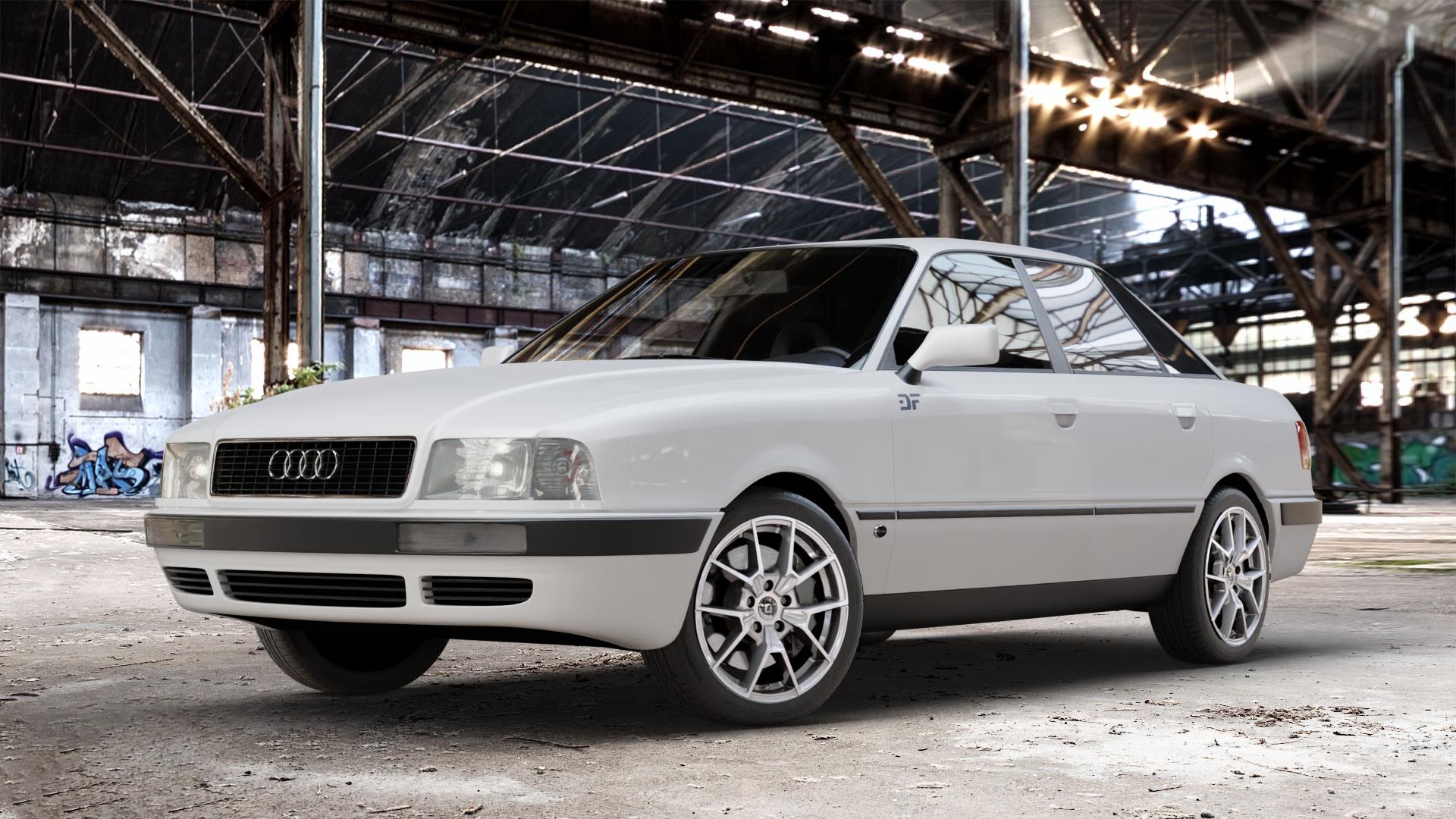 DIEWE WHEELS NEVE Silver Felge mit Reifen silber in 17Zoll Winterfelge Alufelge auf weissem Audi 80 Typ 89 (Limousine) B4 80/90 ⬇️ mit 15mm Tieferlegung ⬇️ Old Industrial Hall_max_4400mm_2024 Frontansicht_1