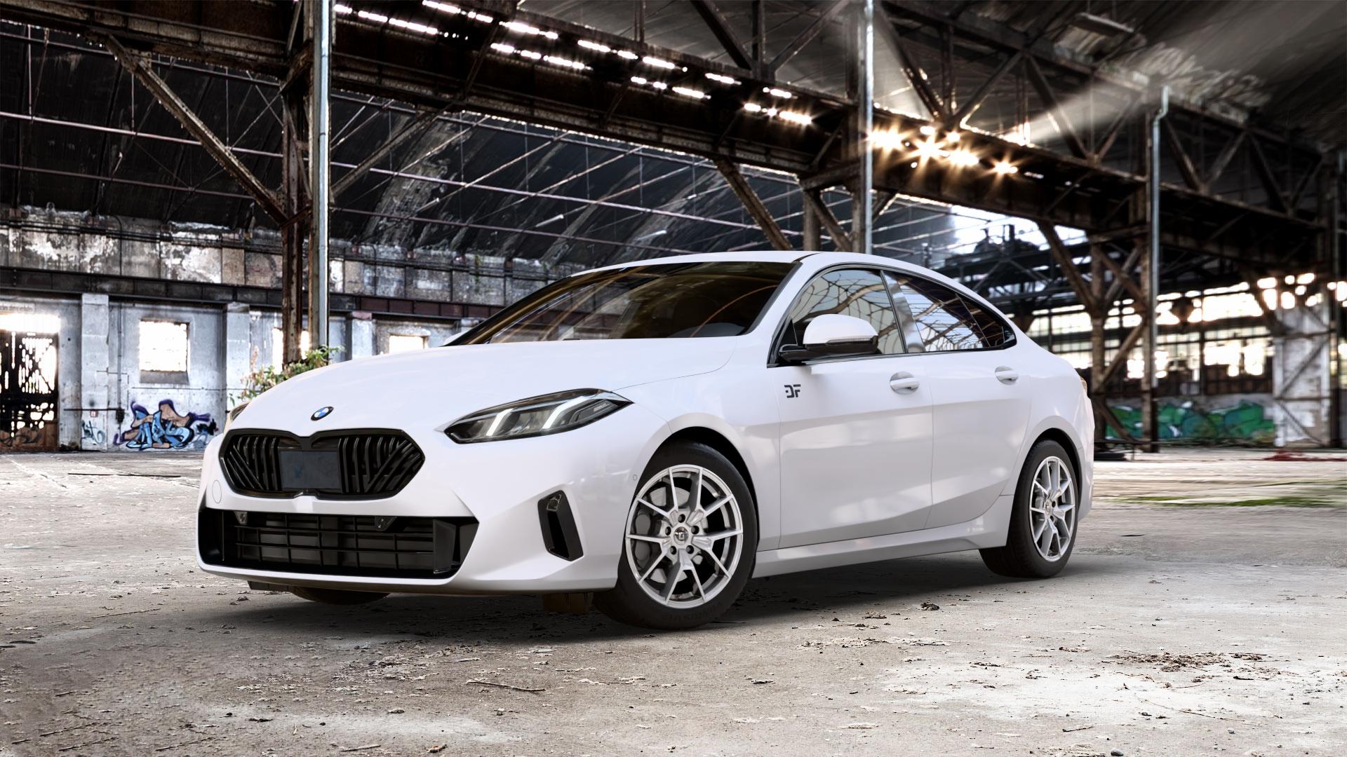 DIEWE WHEELS NEVE Silver Felge mit Reifen silber in 17Zoll Winterfelge Alufelge auf weissem BMW 220d Typ F74 (Gran Coupe) 2,0l 110kW Mild-Hybrid (150 PS) ⬇️ mit 15mm Tieferlegung ⬇️ Old Industrial Hall_max_5300mm_2024 Frontansicht_1
