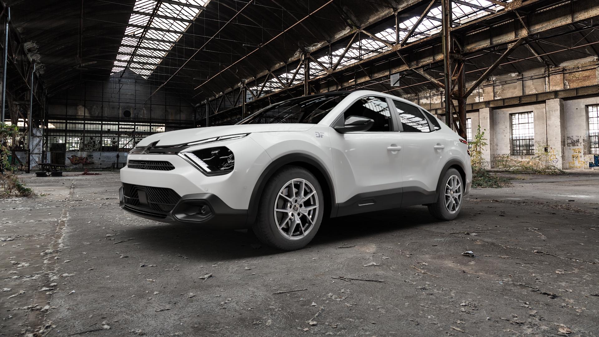 DIEWE WHEELS NEVE Silver Felge mit Reifen silber in 17Zoll Winterfelge Alufelge auf weissem Citroen C4 X Typ B 1,2l PureTech 100 74kW (101 PS) 130 96kW (131 1,5l BlueHDi ⬇️ mit 15mm Tieferlegung ⬇️ Old Industrial Hall_max5000mm_2022 Frontansicht_1