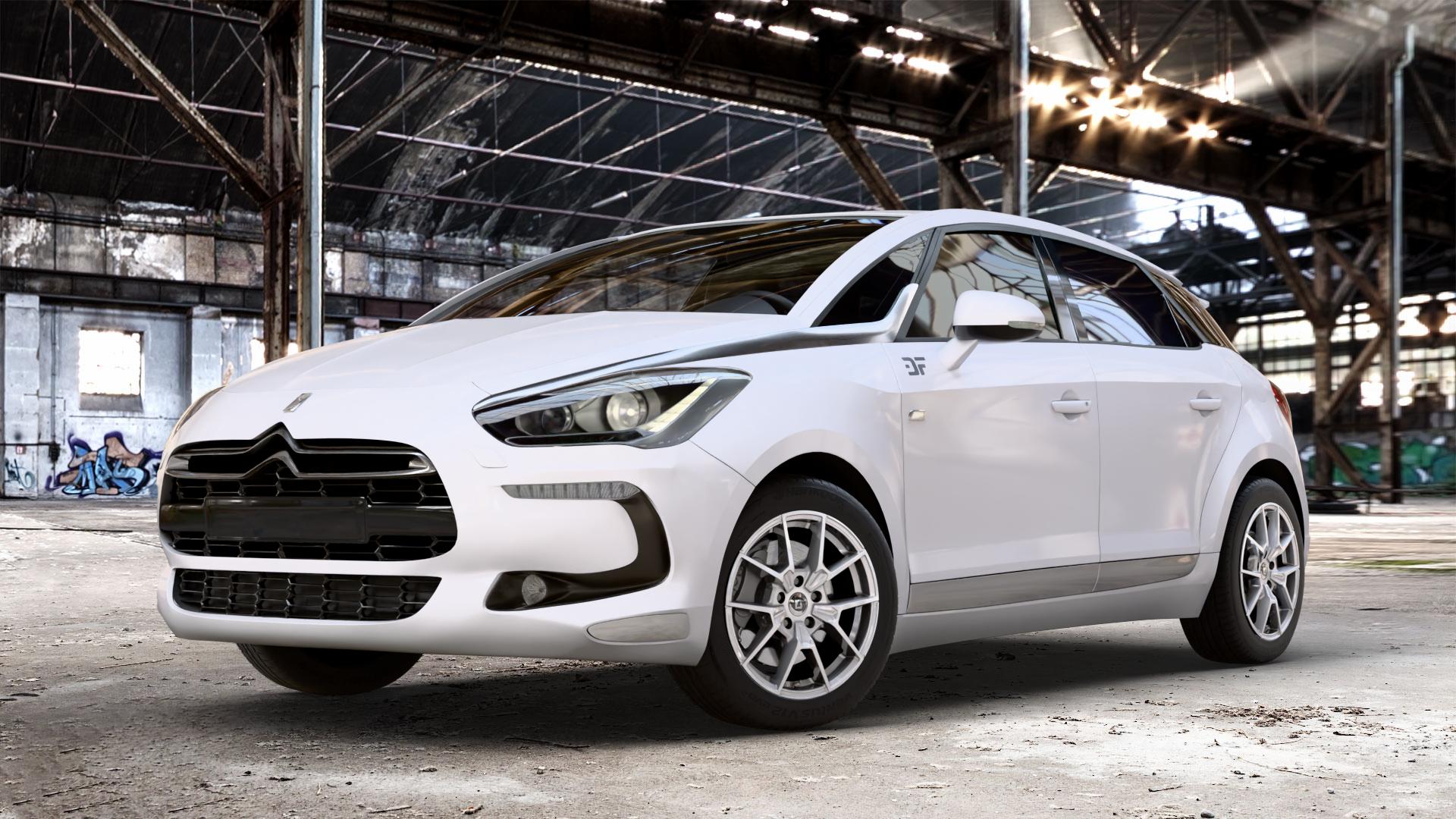DIEWE WHEELS NEVE Silver Felge mit Reifen silber in 17Zoll Winterfelge Alufelge auf weissem Citroen DS5 Typ K DS Automobiles ⬇️ mit 15mm Tieferlegung ⬇️ Old Industrial Hall_max_4400mm_2024 Frontansicht_1