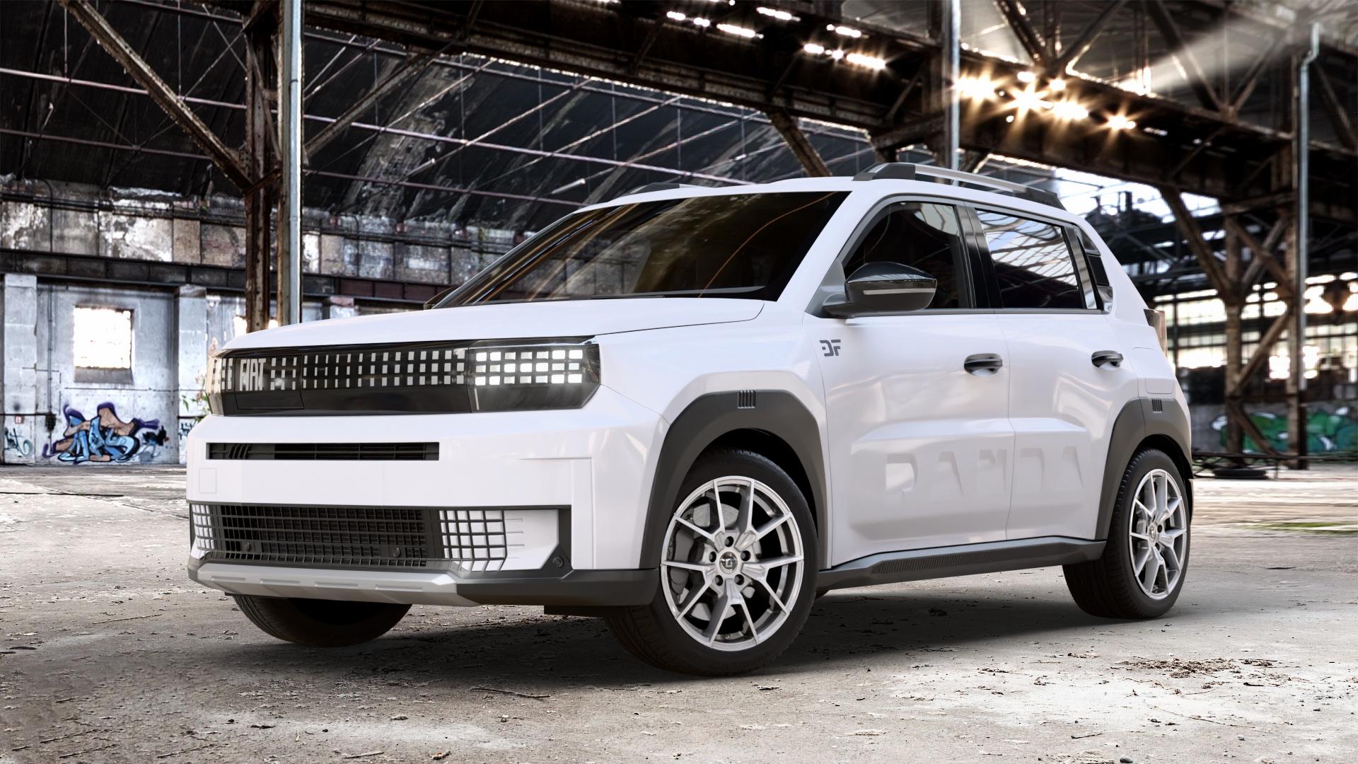 DIEWE WHEELS NEVE Silver Felge mit Reifen silber in 17Zoll Winterfelge Alufelge auf weissem Fiat Grande Panda Typ C 1,2l PureTech 100 Mild-Hybrid 74kW (101 PS) 0,0l Elektro 53kW Electro (72 ⬇️ mit 15mm Tieferlegung ⬇️ Old Industrial Hall_max_4400mm_2024 Frontansicht_1