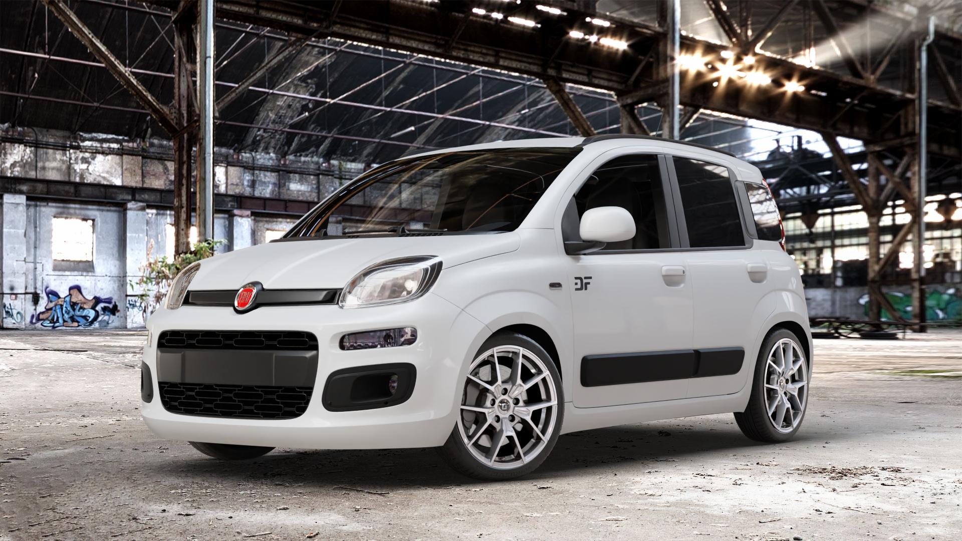 DIEWE WHEELS NEVE Silver Felge mit Reifen silber in 17Zoll Winterfelge Alufelge auf weissem Fiat Panda Typ 312 4x4 ⬇️ mit 15mm Tieferlegung ⬇️ Old Industrial Hall_max_4400mm_2024 Frontansicht_1