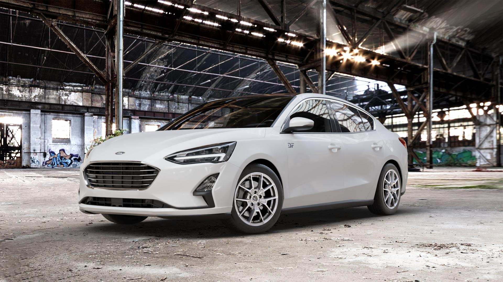 DIEWE WHEELS NEVE Silver Felge mit Reifen silber in 17Zoll Winterfelge Alufelge auf weissem Ford Focus IV Typ DEH (Stufenheck) ⬇️ mit 15mm Tieferlegung ⬇️ Old Industrial Hall_max_5300mm_2024 Frontansicht_1