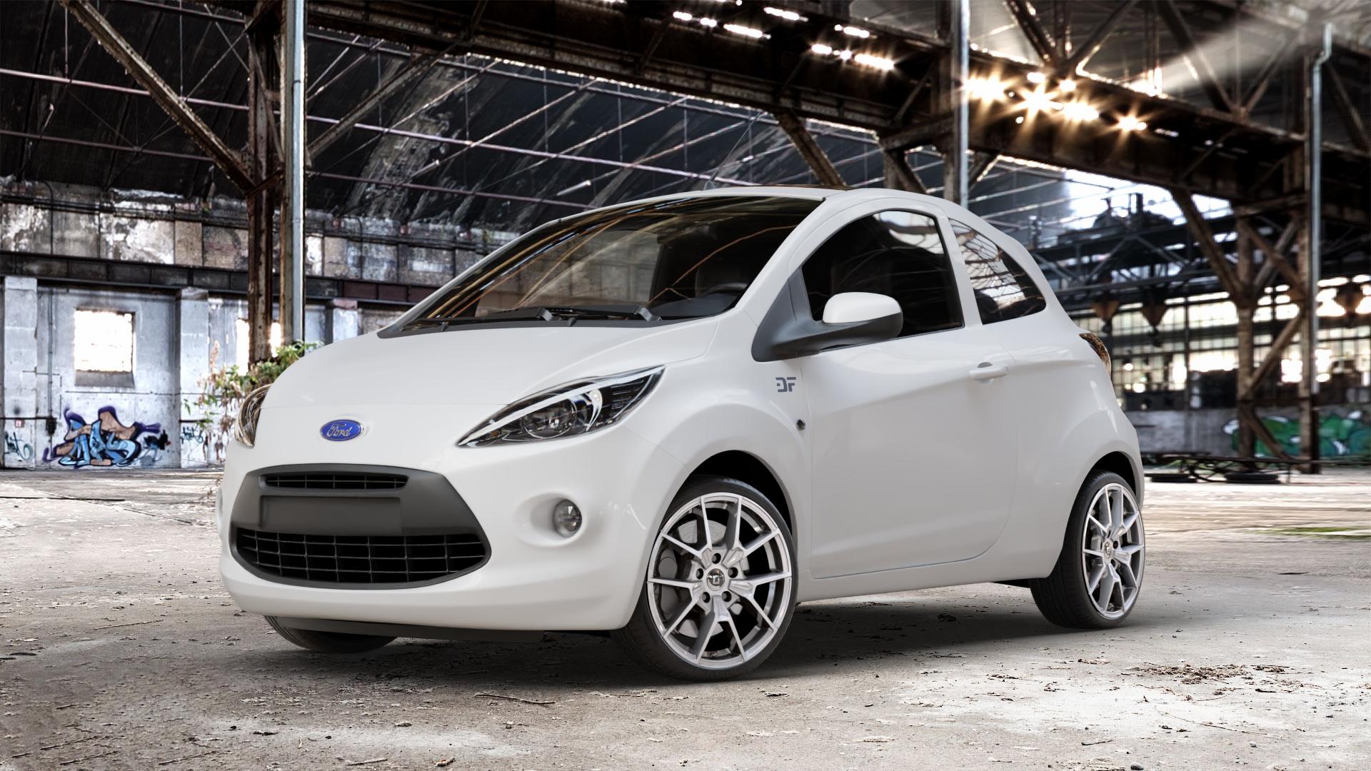 DIEWE WHEELS NEVE Silver Felge mit Reifen silber in 17Zoll Winterfelge Alufelge auf weissem Ford KA Typ RU8 ⬇️ mit 15mm Tieferlegung ⬇️ Old Industrial Hall_max_4400mm_2024 Frontansicht_1