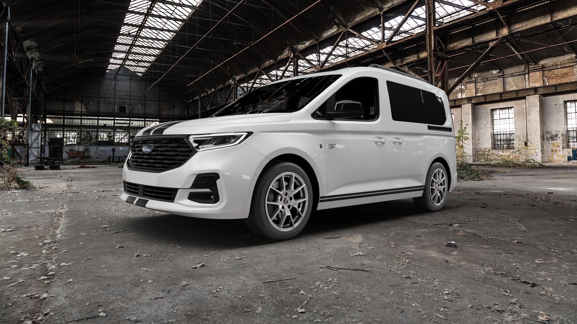 DIEWE WHEELS NEVE Silver Felge mit Reifen silber in 17Zoll Winterfelge Alufelge auf weissem Ford Tourneo Connect Typ SK SKN ⬇️ mit 15mm Tieferlegung ⬇️ Old Industrial Hall_max5000mm_2022 Frontansicht_1