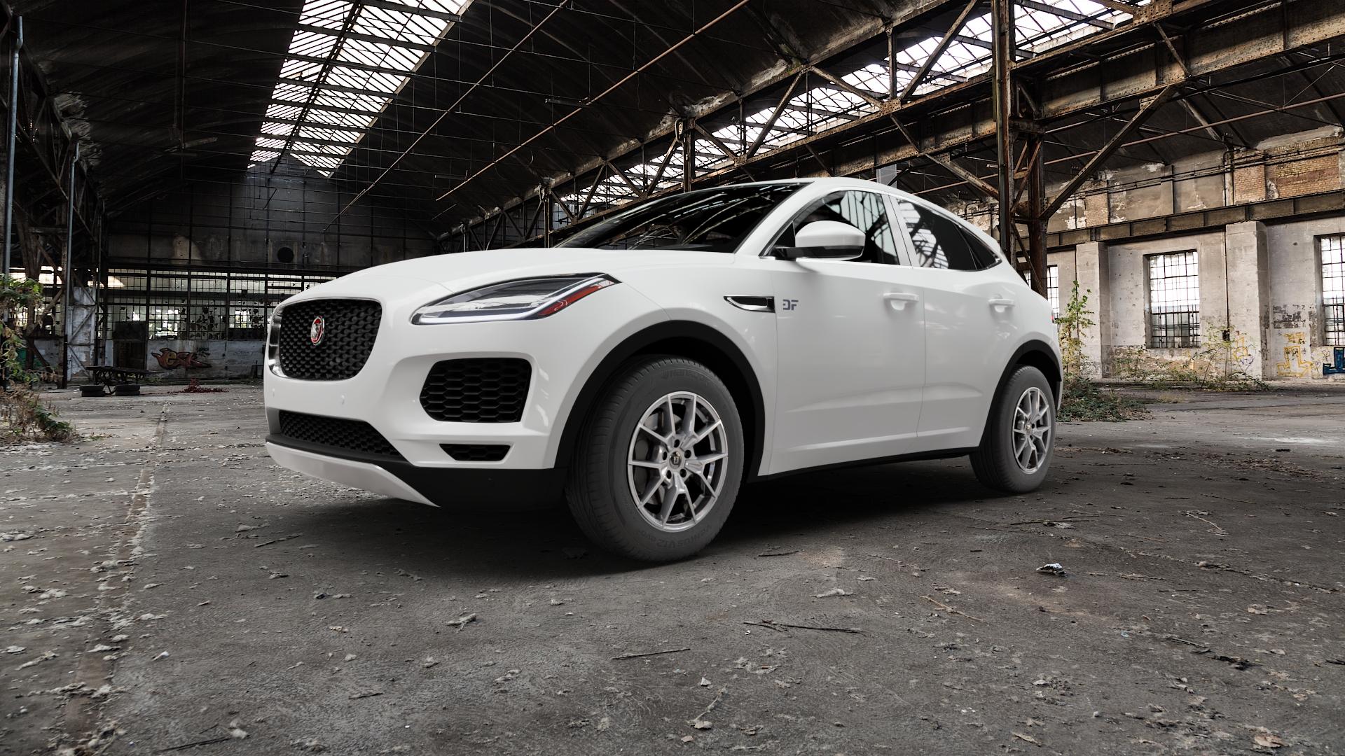 DIEWE WHEELS NEVE Silver Felge mit Reifen silber in 17Zoll Winterfelge Alufelge auf weissem Jaguar E-Pace Typ DF ⬇️ mit 15mm Tieferlegung ⬇️ Old Industrial Hall_max5000mm_2022 Frontansicht_1