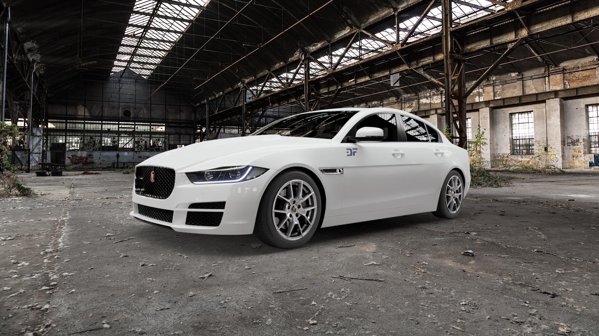 DIEWE WHEELS NEVE Silver Felge mit Reifen silber in 17Zoll Winterfelge Alufelge auf weissem Jaguar XE Typ JA ⬇️ mit 15mm Tieferlegung ⬇️ Old Industrial Hall_max5000mm_2022 Frontansicht_1