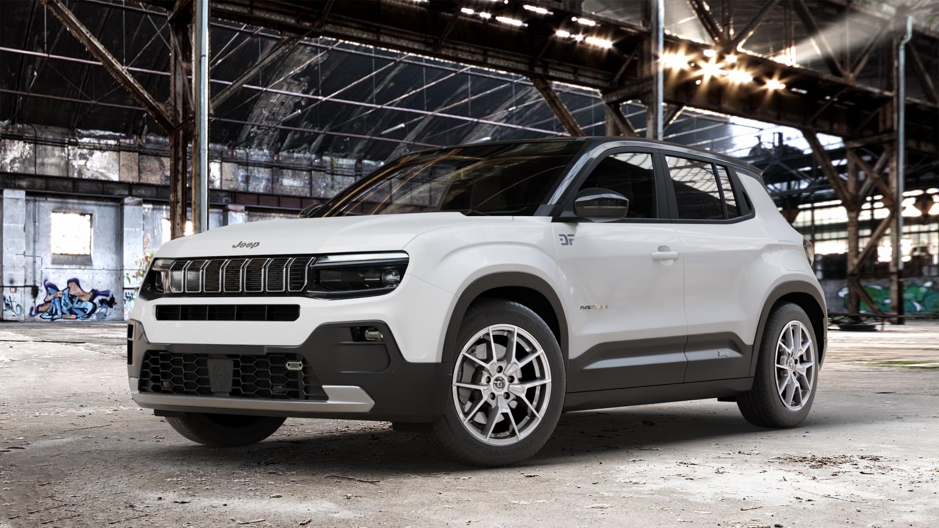 DIEWE WHEELS NEVE Silver Felge mit Reifen silber in 17Zoll Winterfelge Alufelge auf weissem Jeep Avenger Typ FH1 ⬇️ mit 15mm Tieferlegung ⬇️ Old Industrial Hall_max_4400mm_2024 Frontansicht_1