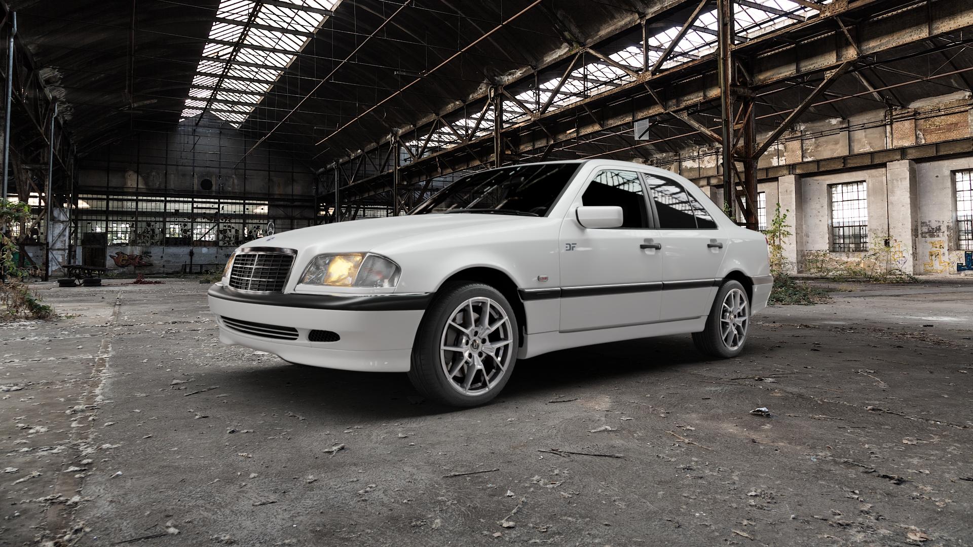 DIEWE WHEELS NEVE Silver Felge mit Reifen silber in 17Zoll Winterfelge Alufelge auf weissem Mercedes C-Klasse Typ W202 Limousine ⬇️ mit 15mm Tieferlegung ⬇️ Old Industrial Hall_max5000mm_2022 Frontansicht_1