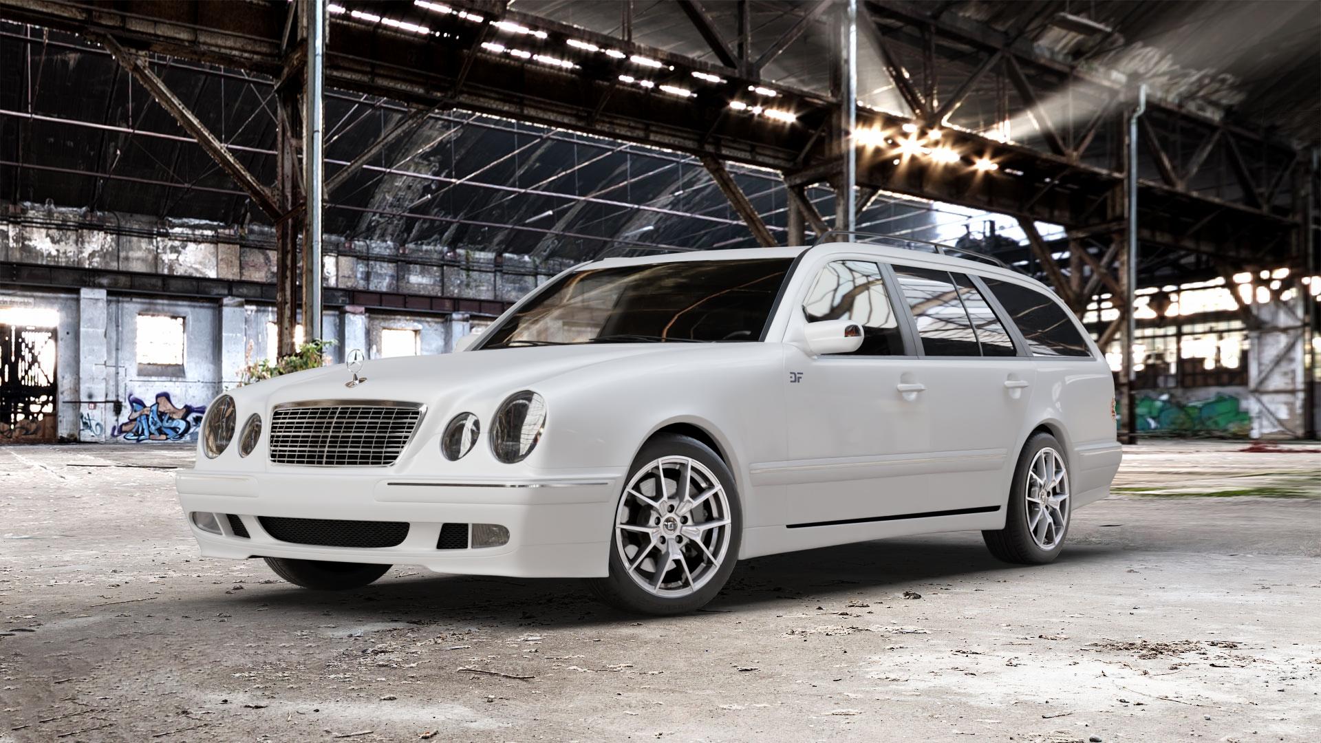 DIEWE WHEELS NEVE Silver Felge mit Reifen silber in 17Zoll Winterfelge Alufelge auf weissem Mercedes E-Klasse Typ S210 Kombi ⬇️ mit 15mm Tieferlegung ⬇️ Old Industrial Hall_max_5300mm_2024 Frontansicht_1