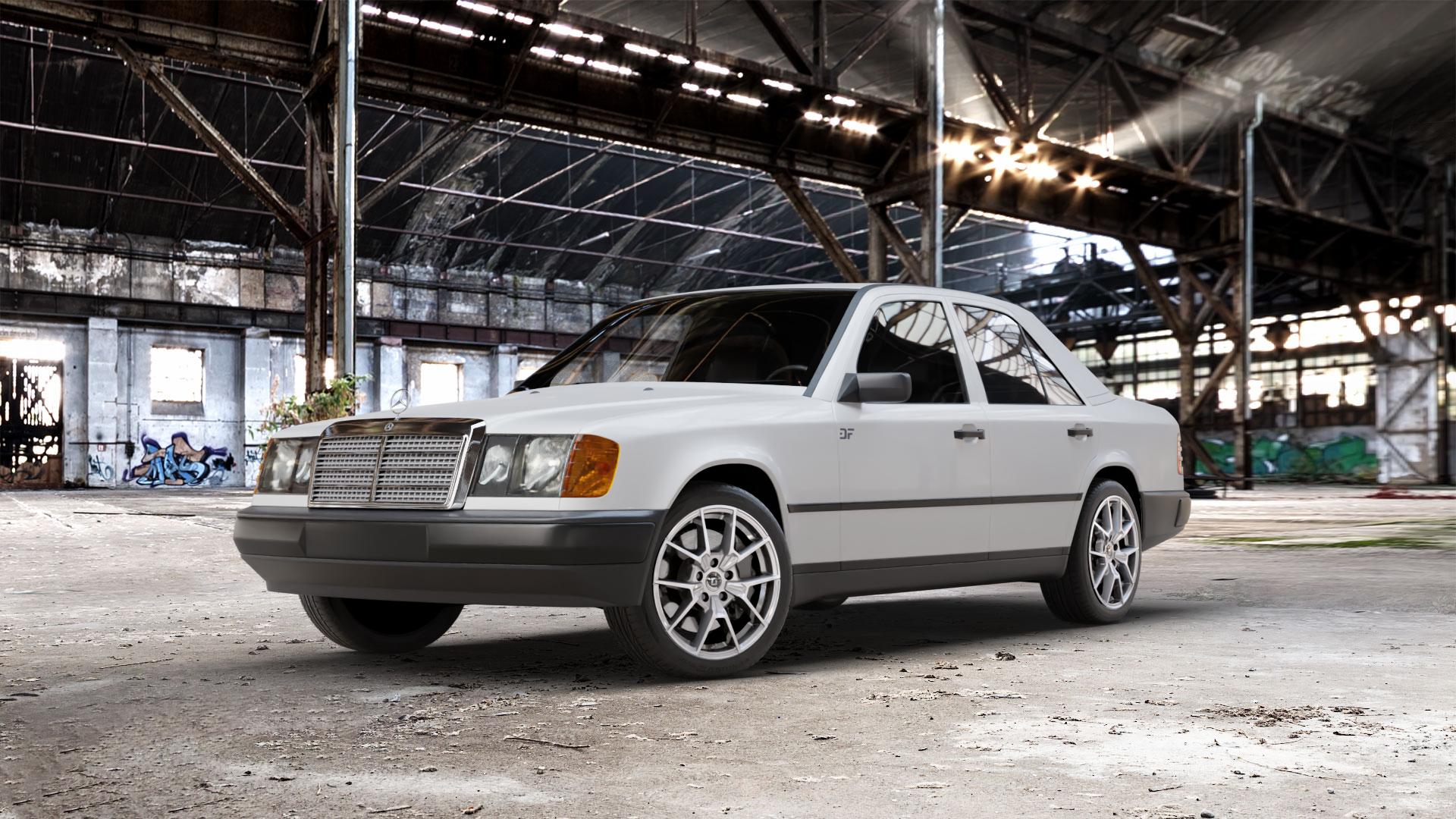 DIEWE WHEELS NEVE Silver Felge mit Reifen silber in 17Zoll Winterfelge Alufelge auf weissem Mercedes E-Klasse Typ W124 Limousine ⬇️ mit 15mm Tieferlegung ⬇️ Old Industrial Hall_max_5300mm_2024 Frontansicht_1