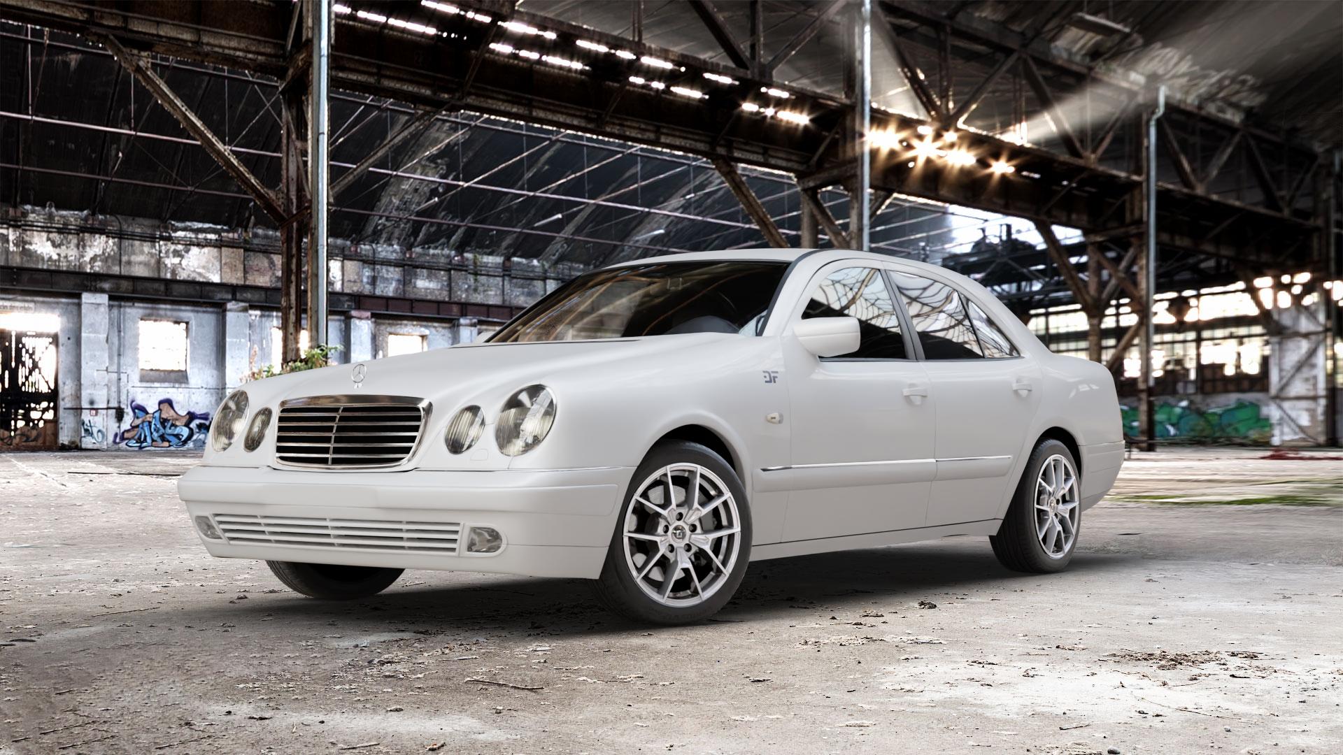 DIEWE WHEELS NEVE Silver Felge mit Reifen silber in 17Zoll Winterfelge Alufelge auf weissem Mercedes E-Klasse Typ W210 Limousine ⬇️ mit 15mm Tieferlegung ⬇️ Old Industrial Hall_max_5300mm_2024 Frontansicht_1