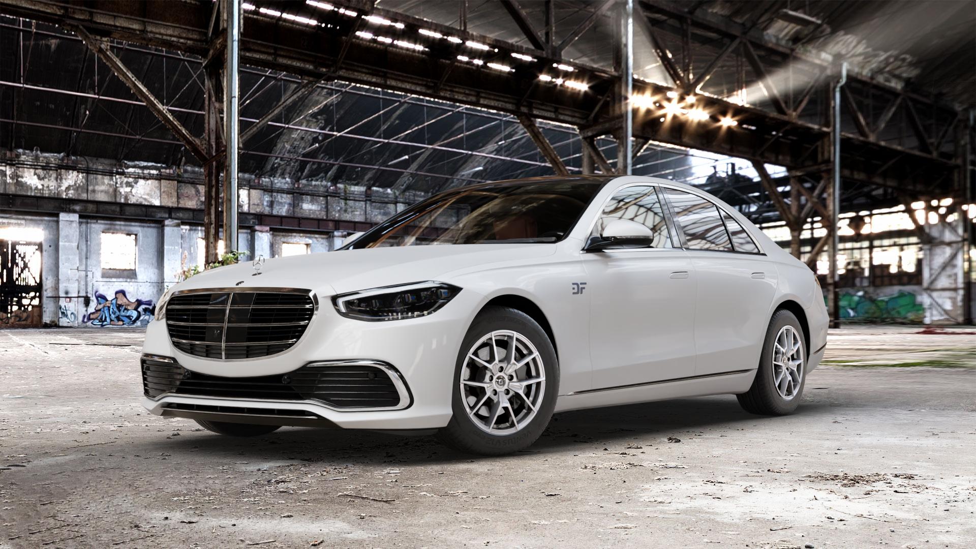 DIEWE WHEELS NEVE Silver Felge mit Reifen silber in 17Zoll Winterfelge Alufelge auf weissem Mercedes S-Klasse Typ W223 (R2S) ⬇️ mit 15mm Tieferlegung ⬇️ Old Industrial Hall_max_5300mm_2024 Frontansicht_1