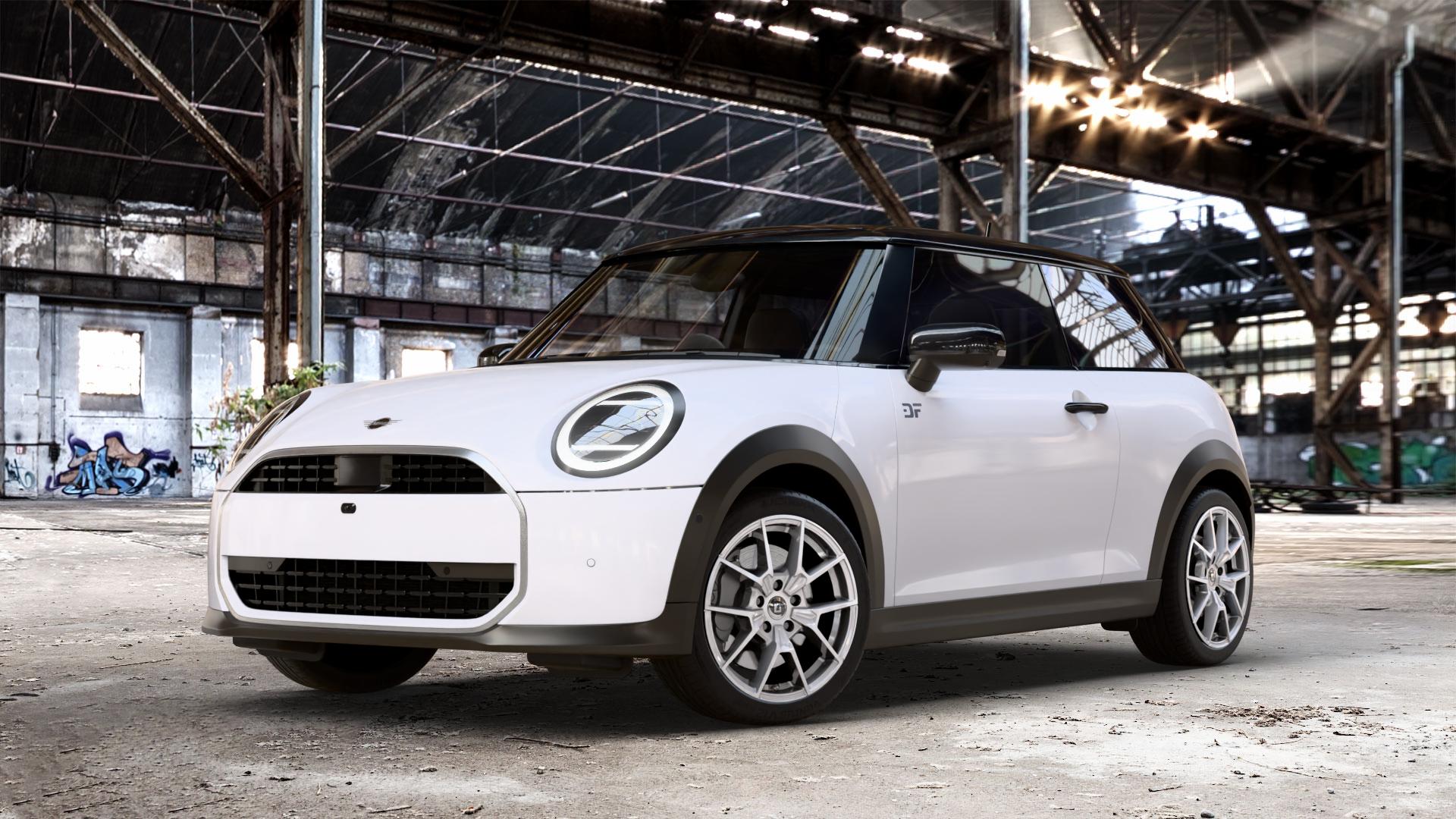 DIEWE WHEELS NEVE Silver Felge mit Reifen silber in 17Zoll Winterfelge Alufelge auf weissem Mini F66 Typ FM6 (3-Türer Limousine) 1,5l Cooper C 100kW (136 PS) 115kW (156 2,0l S 150kW (204 JCW 170kW (231 ⬇️ mit 15mm Tieferlegung ⬇️ Old Industrial Hall_max_4400mm_2024 Frontansicht_1