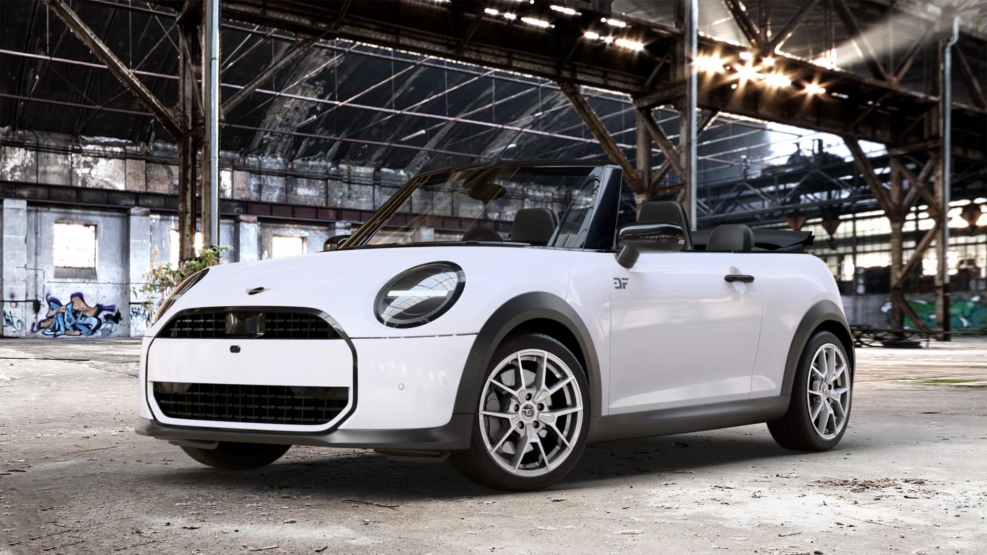DIEWE WHEELS NEVE Silver Felge mit Reifen silber in 17Zoll Winterfelge Alufelge auf weissem Mini F67 Typ FM6 (Cabrio) 2,0l Cooper 120kW (163 PS) S 150kW (204 JCW 170kW (231 ⬇️ mit 15mm Tieferlegung ⬇️ Old Industrial Hall_max_4400mm_2024 Frontansicht_1