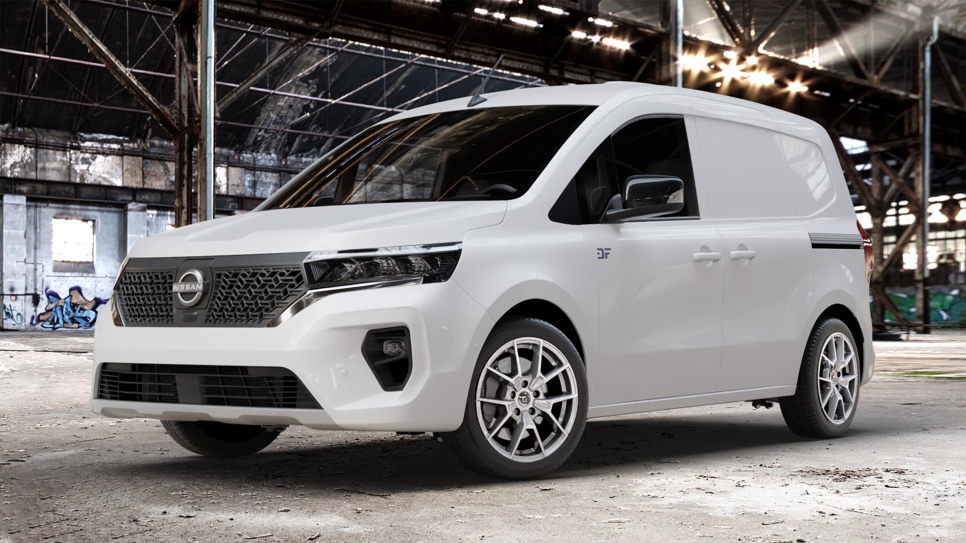 DIEWE WHEELS NEVE Silver Felge mit Reifen silber in 17Zoll Winterfelge Alufelge auf weissem Nissan Townstar Kastenwagen Typ NFK ⬇️ mit 15mm Tieferlegung ⬇️ Old Industrial Hall_max_4400mm_2024 Frontansicht_1