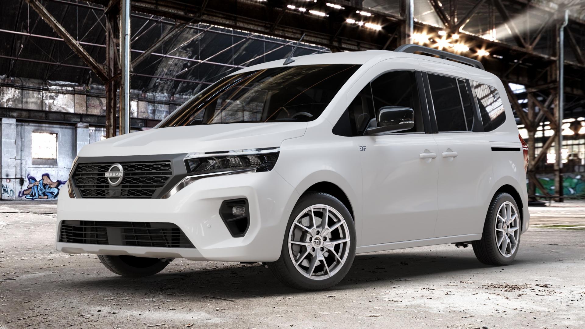 DIEWE WHEELS NEVE Silver Felge mit Reifen silber in 17Zoll Winterfelge Alufelge auf weissem Nissan Townstar Typ NFK ⬇️ mit 15mm Tieferlegung ⬇️ Old Industrial Hall_max_4400mm_2024 Frontansicht_1