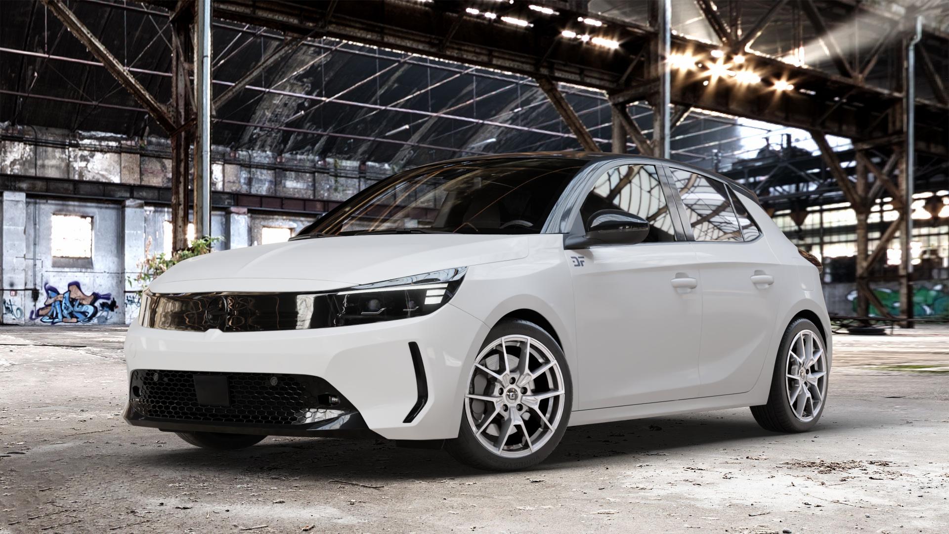 DIEWE WHEELS NEVE Silver Felge mit Reifen silber in 17Zoll Winterfelge Alufelge auf weissem Opel Corsa F Typ U Facelift 1,2l 55kW (75 PS) Turbo 74kW (101 96kW (131 1,5l D 75kW (102 ⬇️ mit 15mm Tieferlegung ⬇️ Old Industrial Hall_max_4400mm_2024 Frontansicht_1