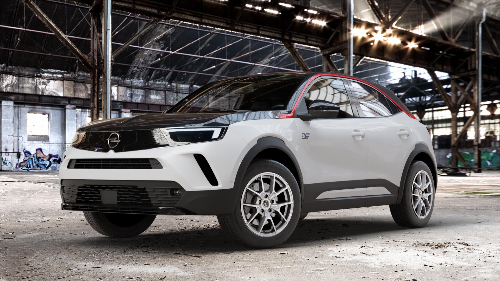 DIEWE WHEELS NEVE Silver Felge mit Reifen silber in 17Zoll Winterfelge Alufelge auf weissem Opel Mokka Typ U 1,2l Turbo 74kW (101 PS) 96kW (131 1,5l D 81kW (110 ⬇️ mit 15mm Tieferlegung ⬇️ Old Industrial Hall_max_4400mm_2024 Frontansicht_1