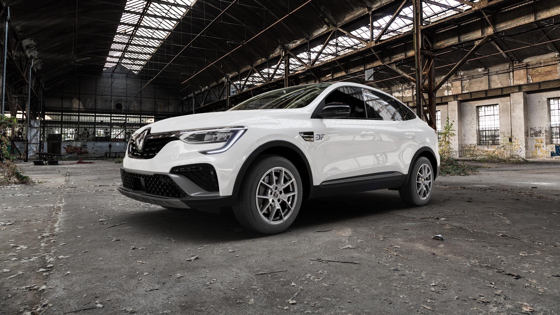 DIEWE WHEELS NEVE Silver Felge mit Reifen silber in 17Zoll Winterfelge Alufelge auf weissem Renault Arkana ⬇️ mit 15mm Tieferlegung ⬇️ Old Industrial Hall_max5000mm_2022 Frontansicht_1