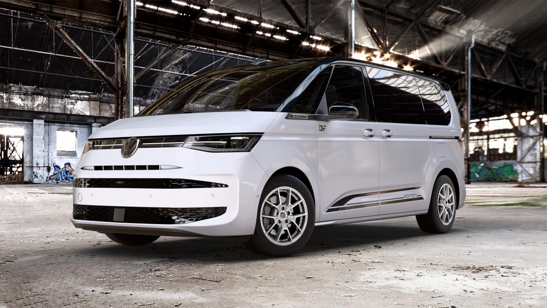 DIEWE WHEELS NEVE Silver Felge mit Reifen silber in 17Zoll Winterfelge Alufelge auf weissem und schwarzem Volkswagen (VW) T7 Multivan Bus ⬇️ mit 15mm Tieferlegung ⬇️ Old Industrial Hall_max_5300mm_2024 Frontansicht_1