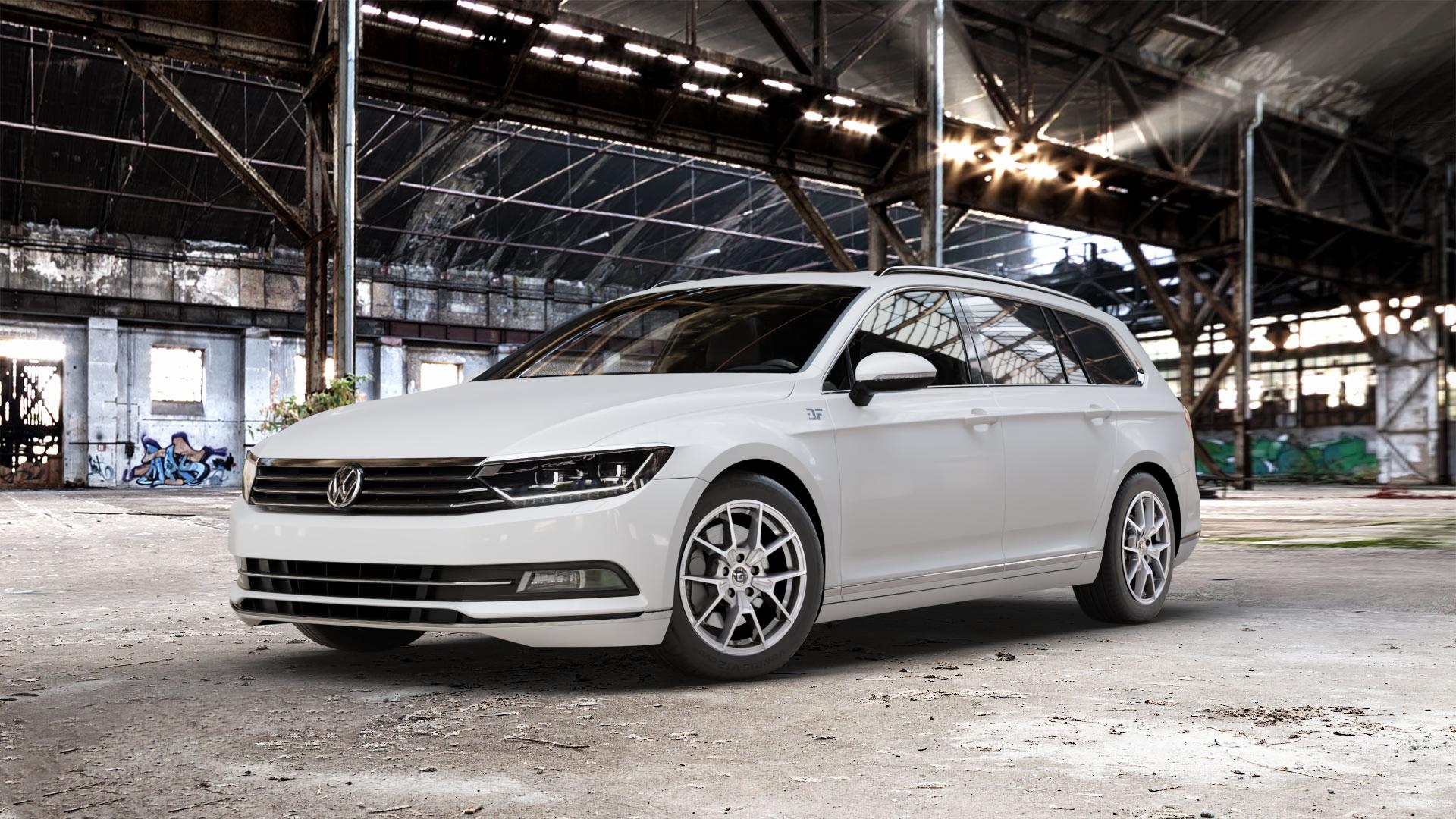 DIEWE WHEELS NEVE Silver Felge mit Reifen silber in 17Zoll Winterfelge Alufelge auf weissem Volkswagen (VW) Passat 3C/B8 Limousine Variant ⬇️ mit 15mm Tieferlegung ⬇️ Old Industrial Hall_max_5300mm_2024 Frontansicht_1