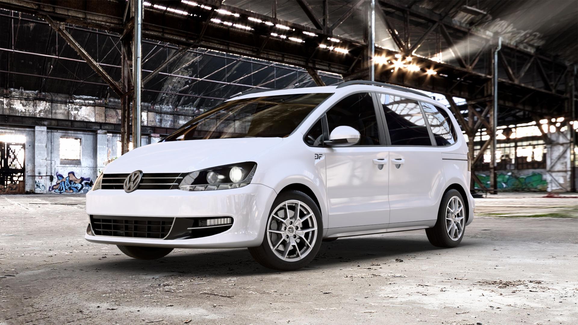 DIEWE WHEELS NEVE Silver Felge mit Reifen silber in 17Zoll Winterfelge Alufelge auf weissem Volkswagen (VW) Sharan I Typ 7M II 7N ⬇️ mit 15mm Tieferlegung ⬇️ Old Industrial Hall_max_5300mm_2024 Frontansicht_1