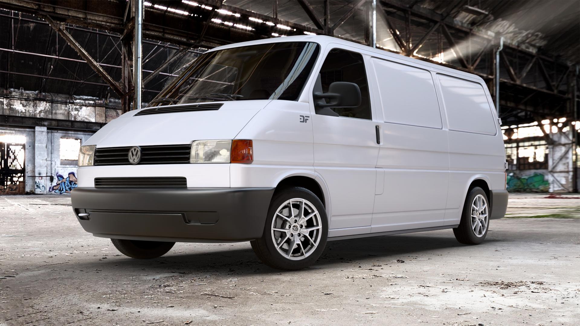 DIEWE WHEELS NEVE Silver Felge mit Reifen silber in 17Zoll Winterfelge Alufelge auf weissem Volkswagen (VW) T4 Transporter ⬇️ mit 15mm Tieferlegung ⬇️ Old Industrial Hall_max_5300mm_2024 Frontansicht_1