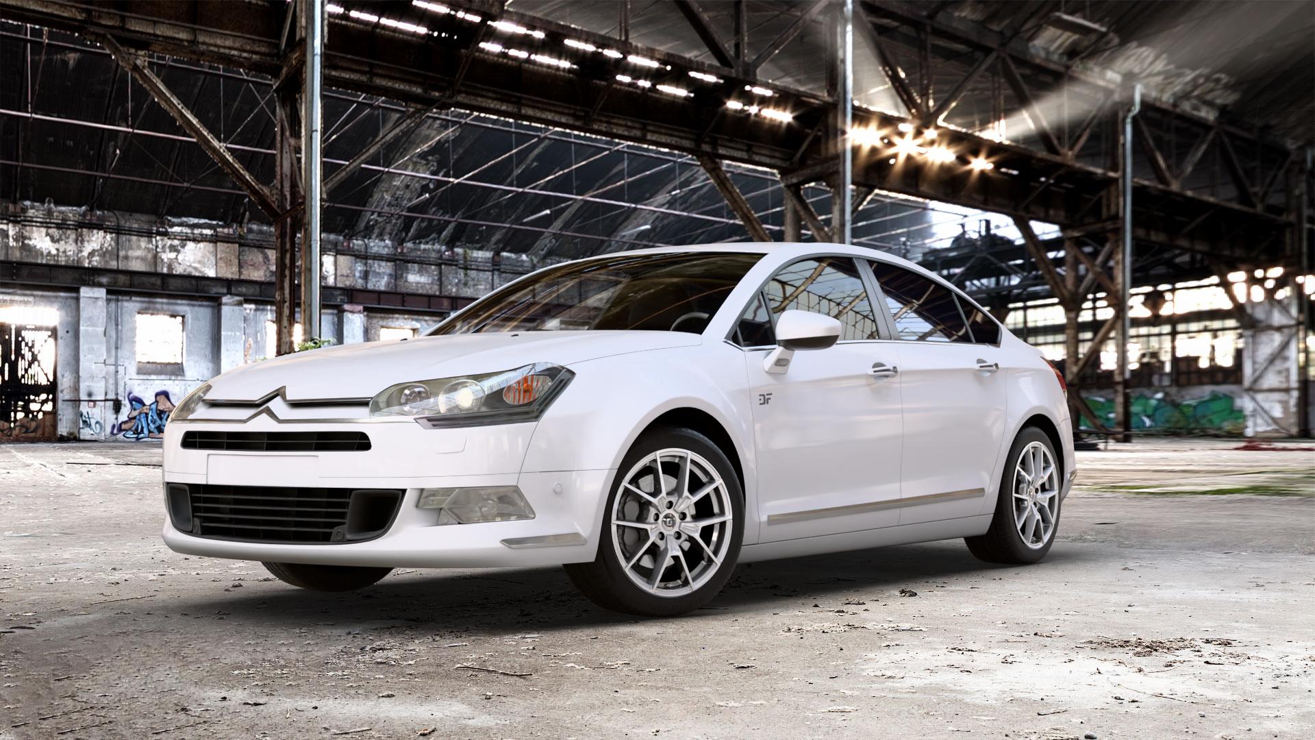 DIEWE WHEELS NEVE Silver Felge mit Reifen silber in 18Zoll Winterfelge Alufelge auf weissem Citroen C5 II ⬇️ mit 15mm Tieferlegung ⬇️ Old Industrial Hall_max_5300mm_2024 Frontansicht_1