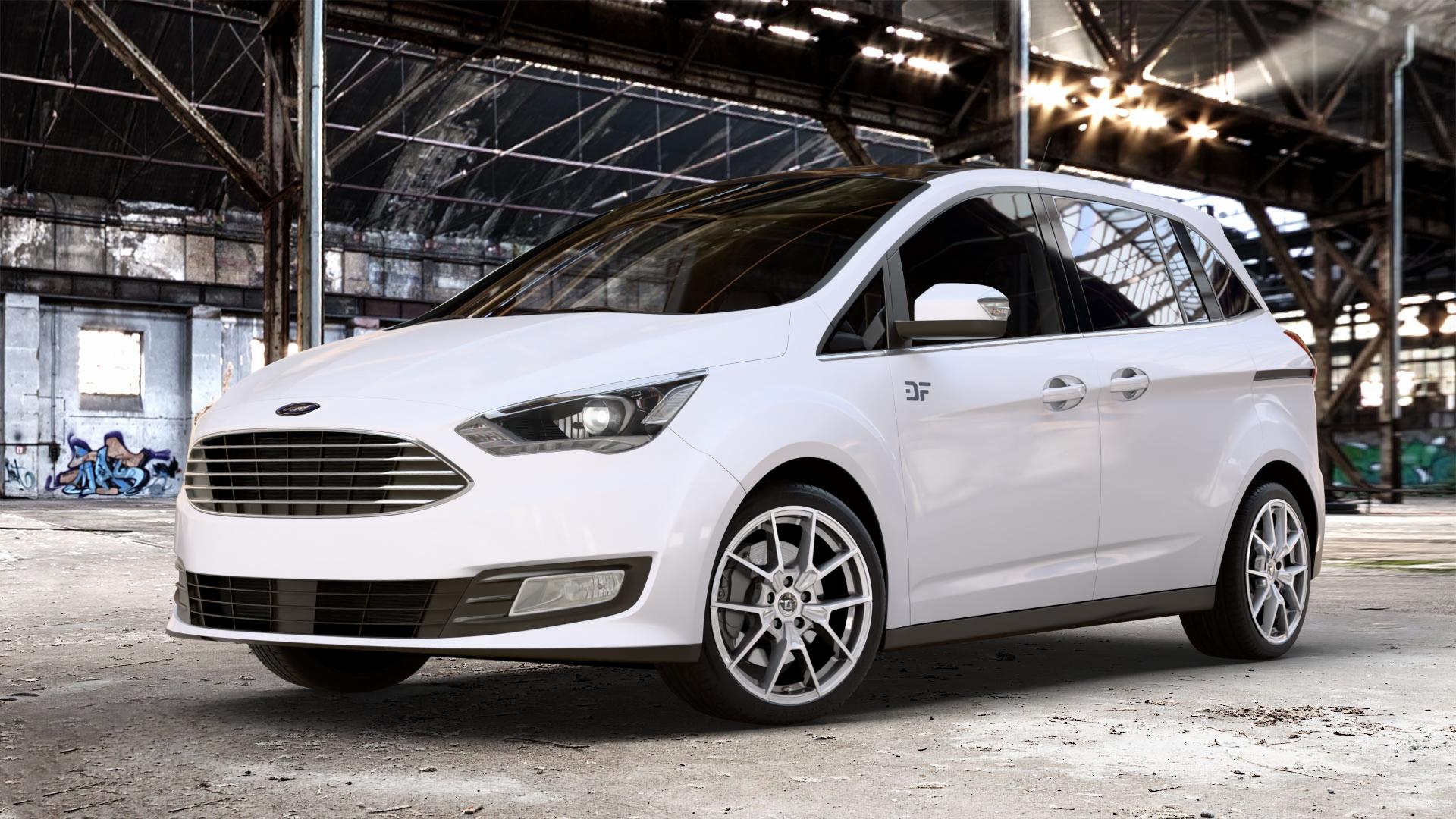 DIEWE WHEELS NEVE Silver Felge mit Reifen silber in 18Zoll Winterfelge Alufelge auf weissem Ford Grand C-Max Typ DXA Facelift (15->) ⬇️ mit 15mm Tieferlegung ⬇️ Old Industrial Hall_max_4400mm_2024 Frontansicht_1