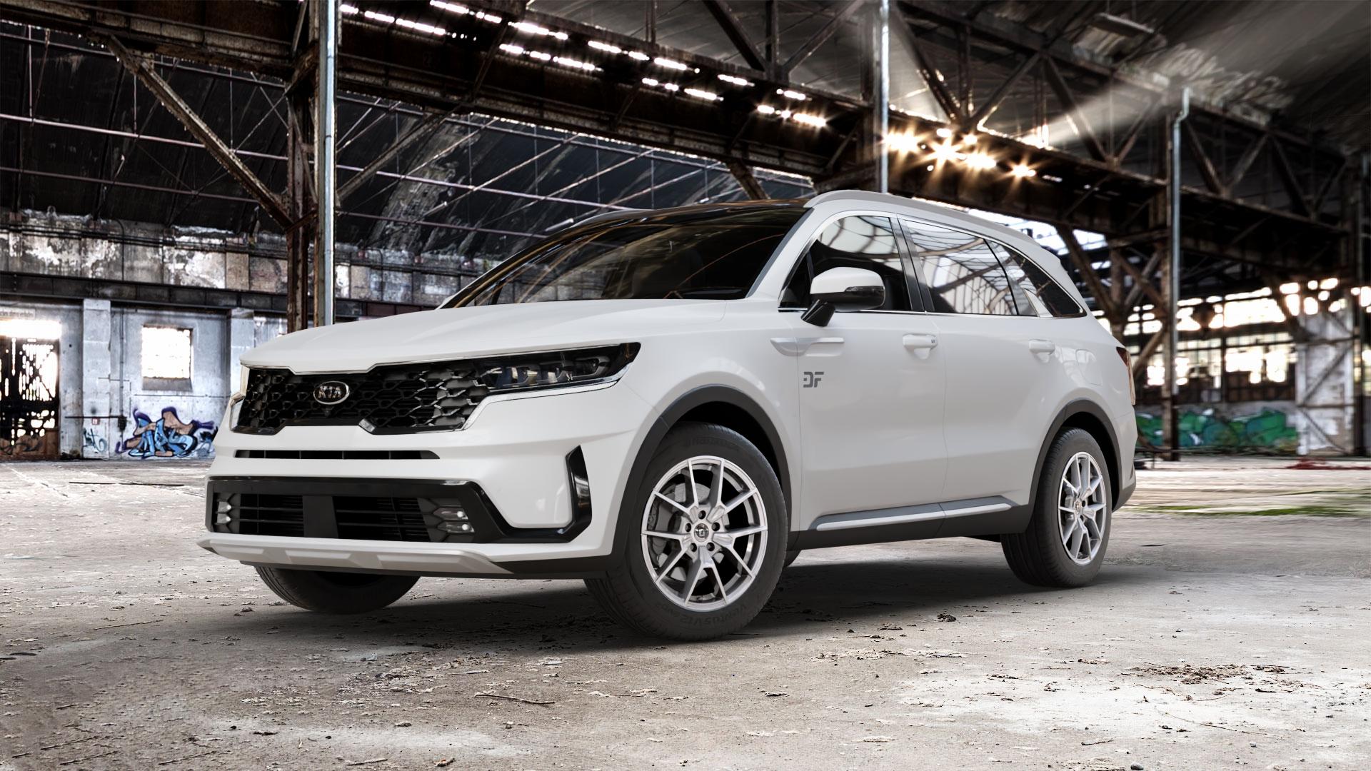 DIEWE WHEELS NEVE Silver Felge mit Reifen silber in 18Zoll Winterfelge Alufelge auf weissem Kia Sorento IV Typ MQ4 ⬇️ mit 15mm Tieferlegung ⬇️ Old Industrial Hall_max_5300mm_2024 Frontansicht_1