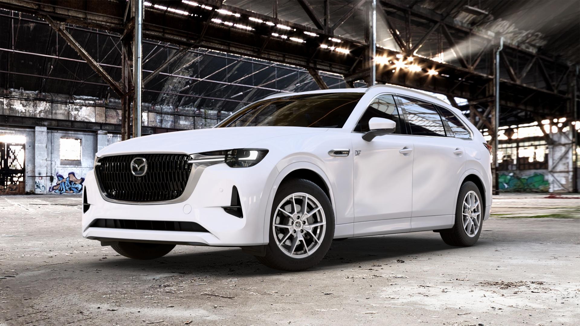 DIEWE WHEELS NEVE Silver Felge mit Reifen silber in 18Zoll Winterfelge Alufelge auf weissem Mazda CX-80 Typ KL01 ⬇️ mit 15mm Tieferlegung ⬇️ Old Industrial Hall_max_5300mm_2024 Frontansicht_1