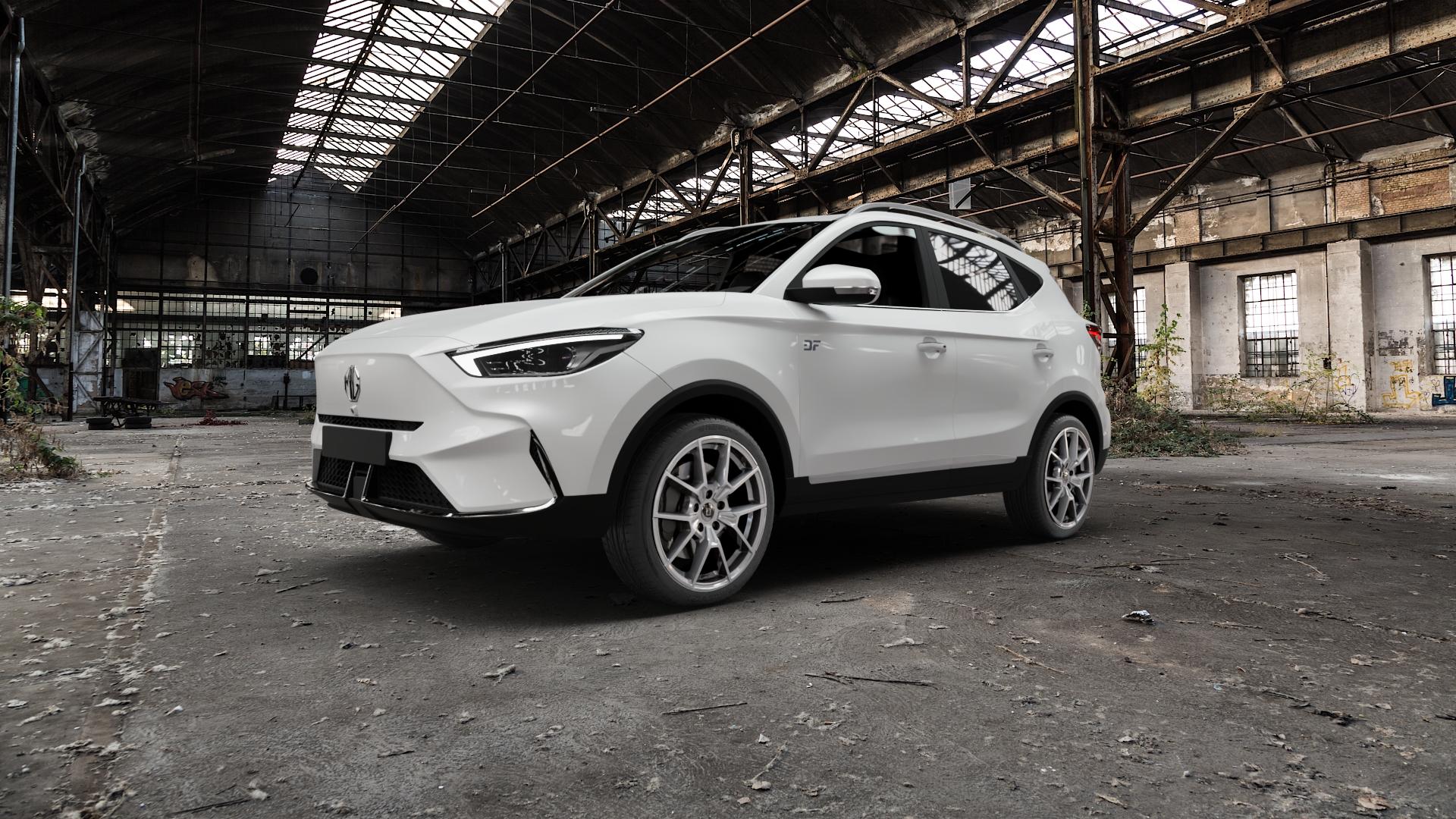 DIEWE WHEELS NEVE Silver Felge mit Reifen silber in 18Zoll Winterfelge Alufelge auf weissem MG ZS EV Typ ZS1 ⬇️ mit 15mm Tieferlegung ⬇️ Old Industrial Hall_max5000mm_2022 Frontansicht_1