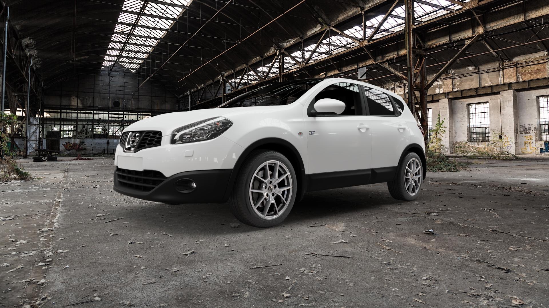 DIEWE WHEELS NEVE Silver Felge mit Reifen silber in 18Zoll Winterfelge Alufelge auf weissem Nissan Qashqai Typ J10 +2 ⬇️ mit 15mm Tieferlegung ⬇️ Old Industrial Hall_max5000mm_2022 Frontansicht_1