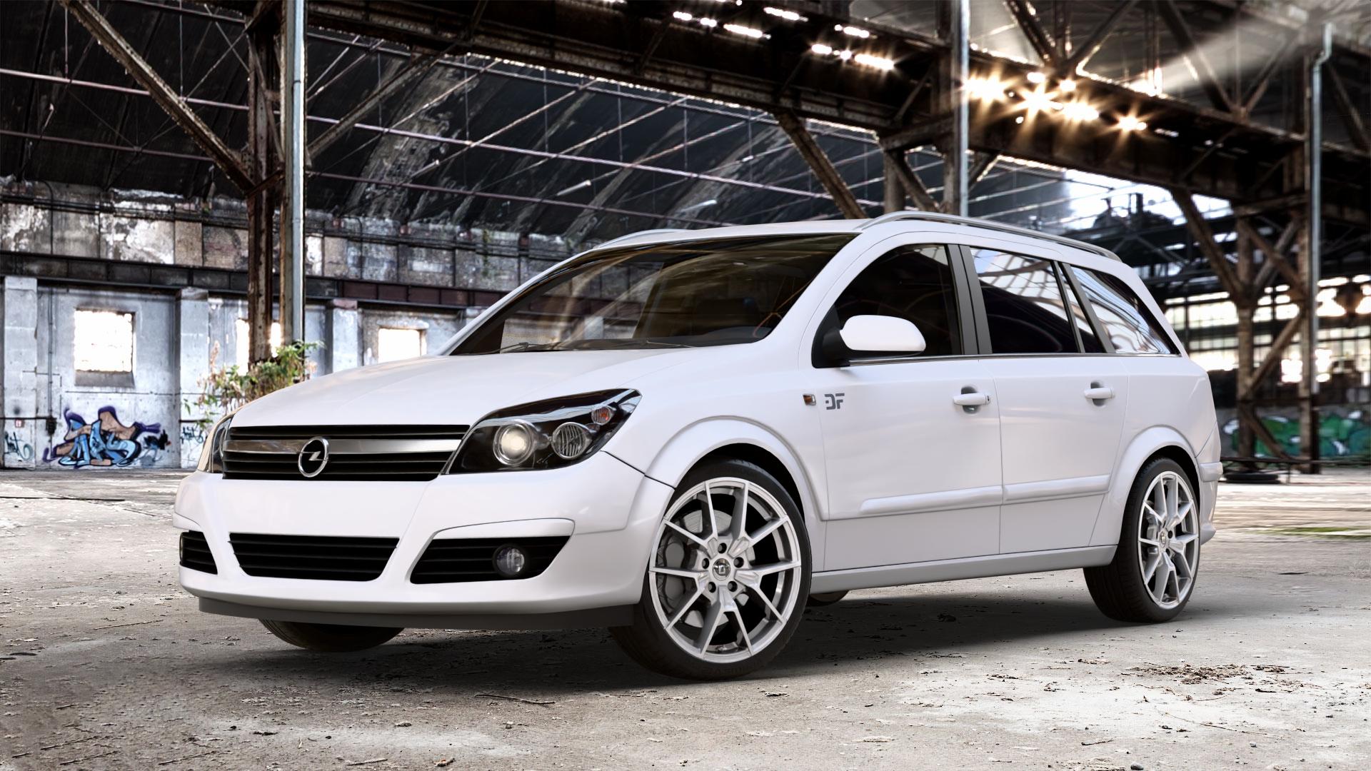 DIEWE WHEELS NEVE Silver Felge mit Reifen silber in 18Zoll Winterfelge Alufelge auf weissem Opel Astra H Typ A-H Caravan A-H/SW ⬇️ mit 15mm Tieferlegung ⬇️ Old Industrial Hall_max_4400mm_2024 Frontansicht_1