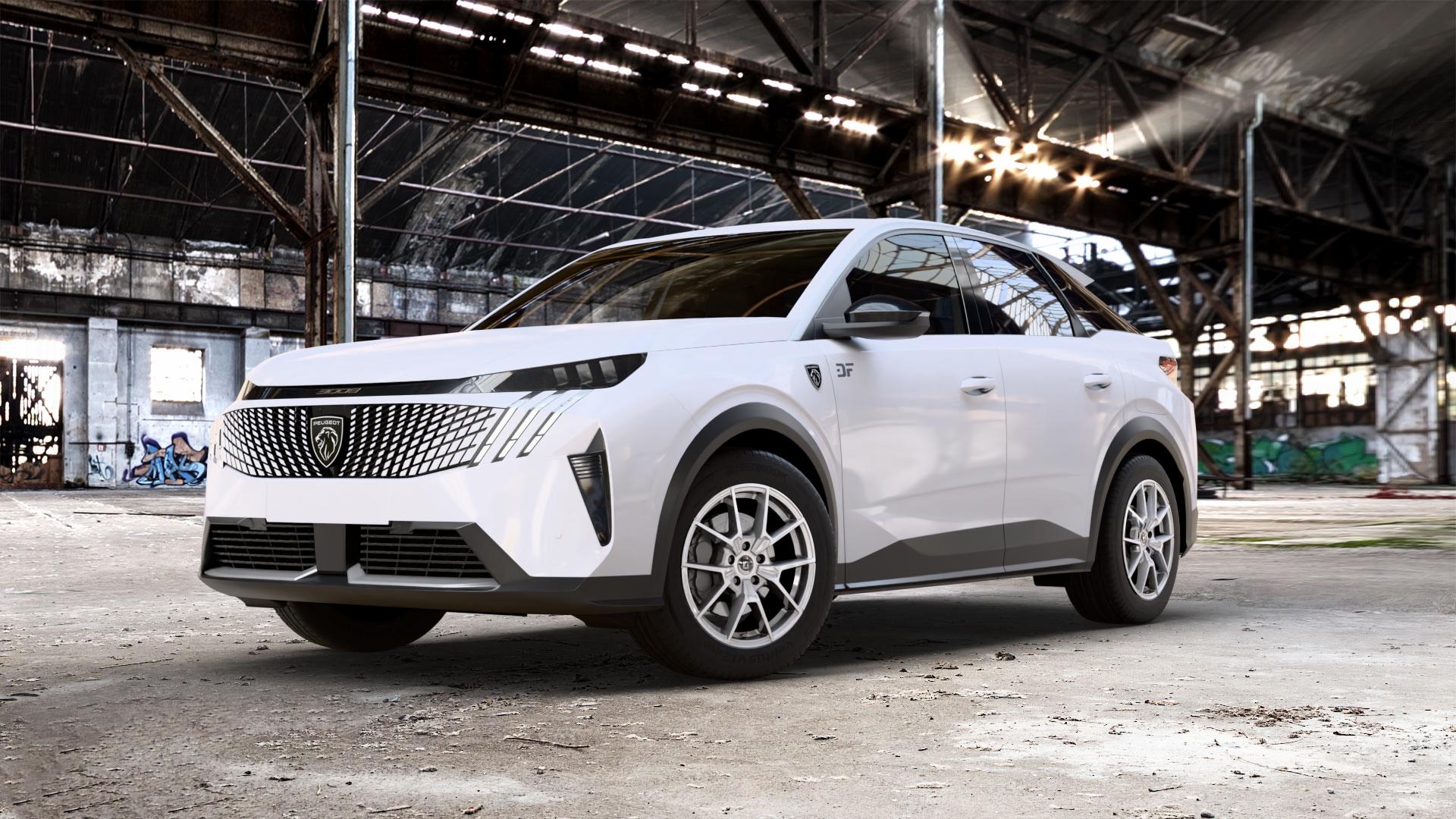 DIEWE WHEELS NEVE Silver Felge mit Reifen silber in 18Zoll Winterfelge Alufelge auf weissem Peugeot 3008 III Typ K 1,2l MHEV 100kW Mild-Hybrid (136 PS) 1,6l PHEV 110kW Hybrid (150 0,0l E 104kW Elektro (141 105kW (143 137kW (186 ⬇️ mit 15mm Tieferlegung ⬇️ Old Industrial Hall_max_5300mm_2024 Frontansicht_1