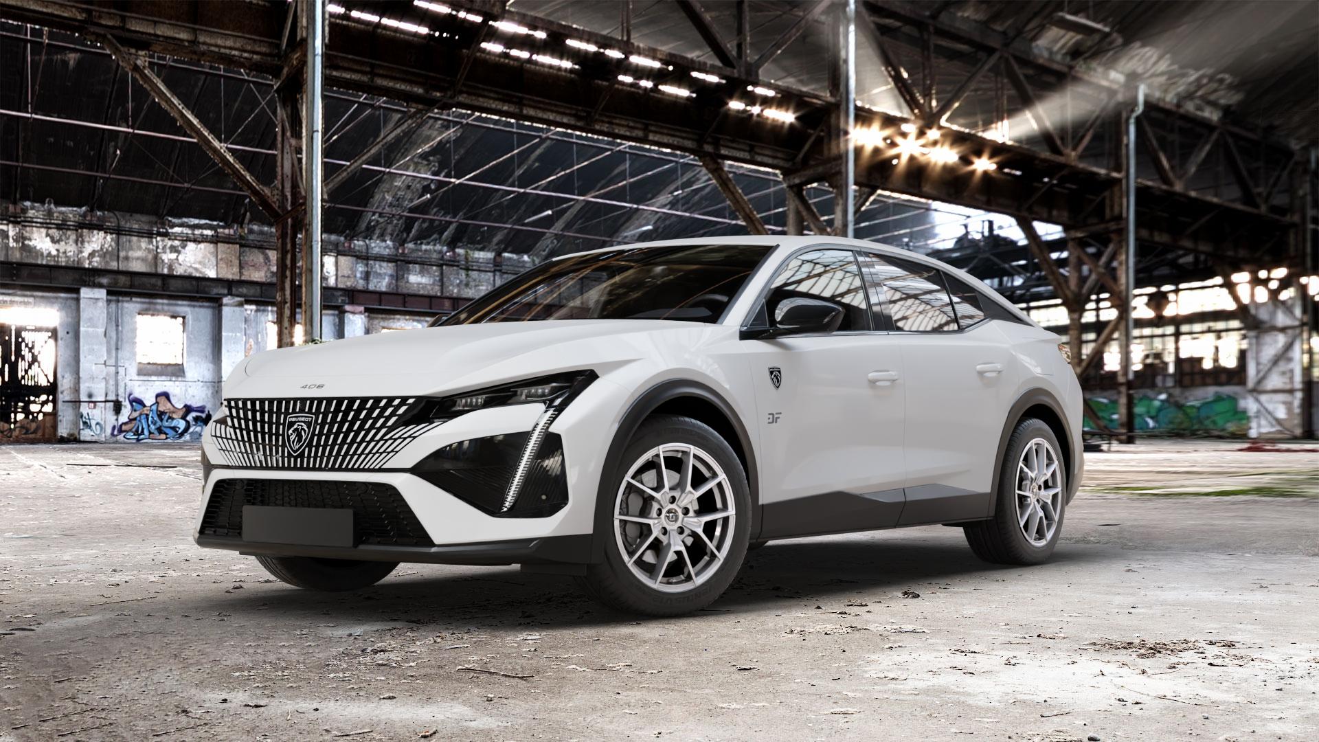 DIEWE WHEELS NEVE Silver Felge mit Reifen silber in 18Zoll Winterfelge Alufelge auf weissem Peugeot 408 Typ F ⬇️ mit 15mm Tieferlegung ⬇️ Old Industrial Hall_max_5300mm_2024 Frontansicht_1