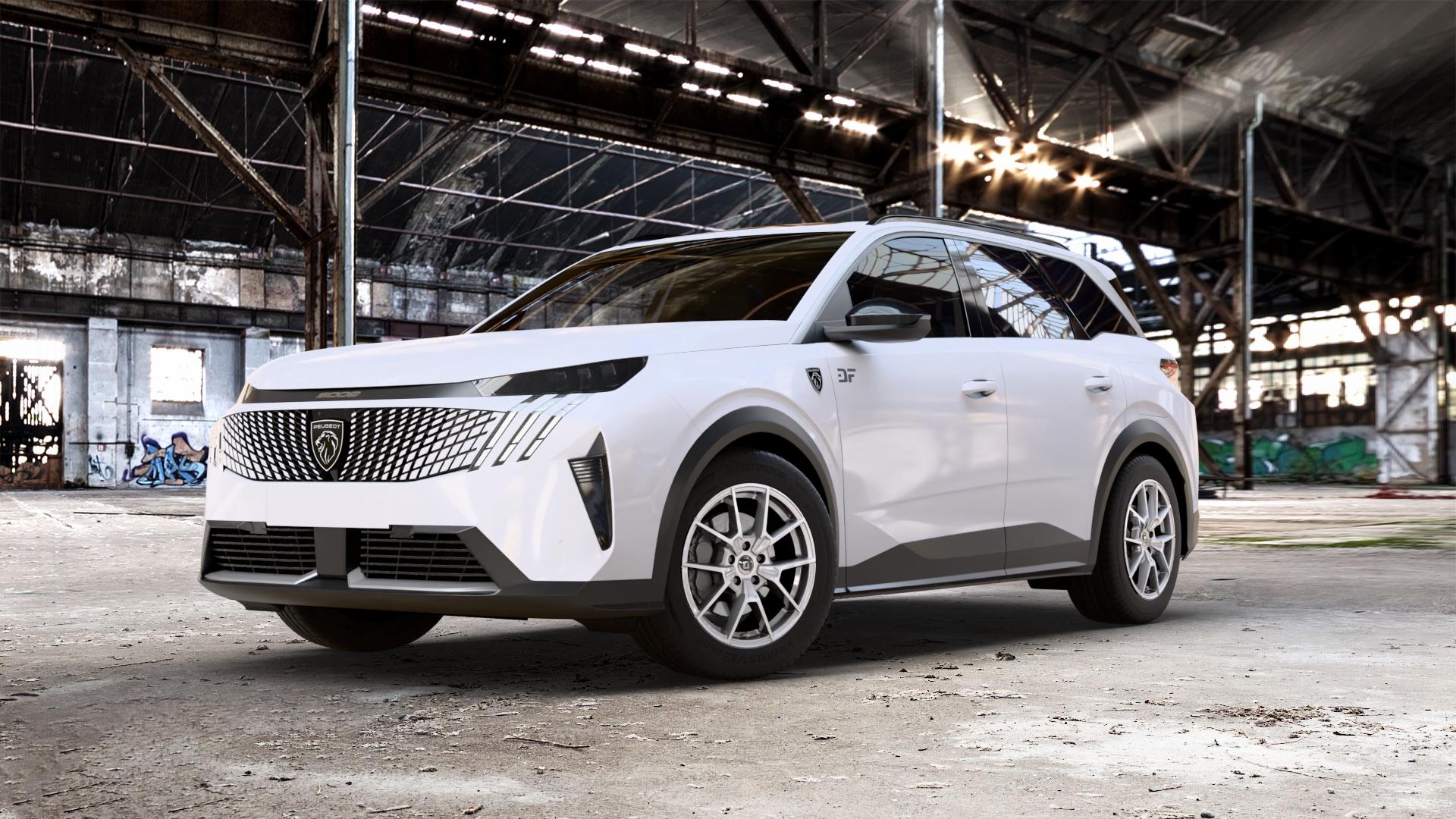 DIEWE WHEELS NEVE Silver Felge mit Reifen silber in 18Zoll Winterfelge Alufelge auf weissem Peugeot 5008 III Typ K ⬇️ mit 15mm Tieferlegung ⬇️ Old Industrial Hall_max_5300mm_2024 Frontansicht_1