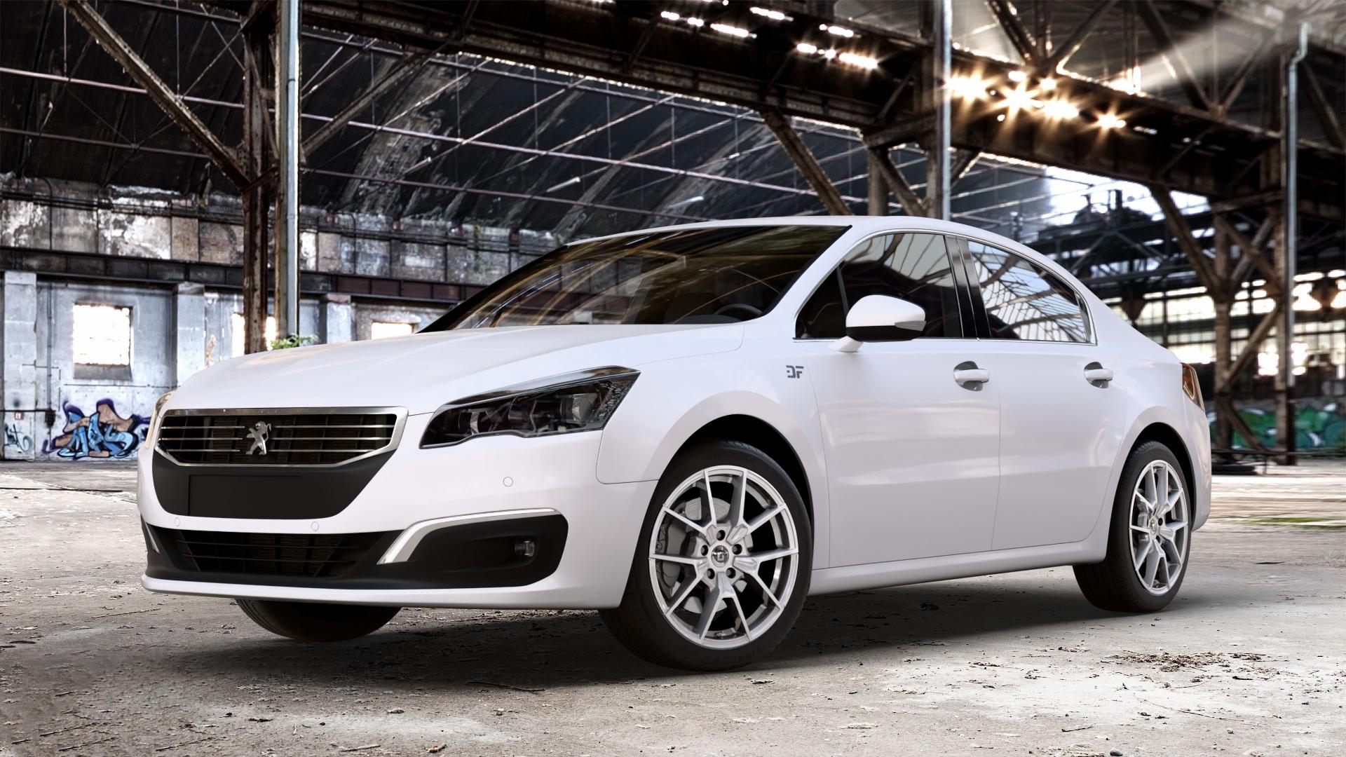 DIEWE WHEELS NEVE Silver Felge mit Reifen silber in 18Zoll Winterfelge Alufelge auf weissem Peugeot 508 Typ 8 Limousine Facelift ⬇️ mit 15mm Tieferlegung ⬇️ Old Industrial Hall_max_4400mm_2024 Frontansicht_1